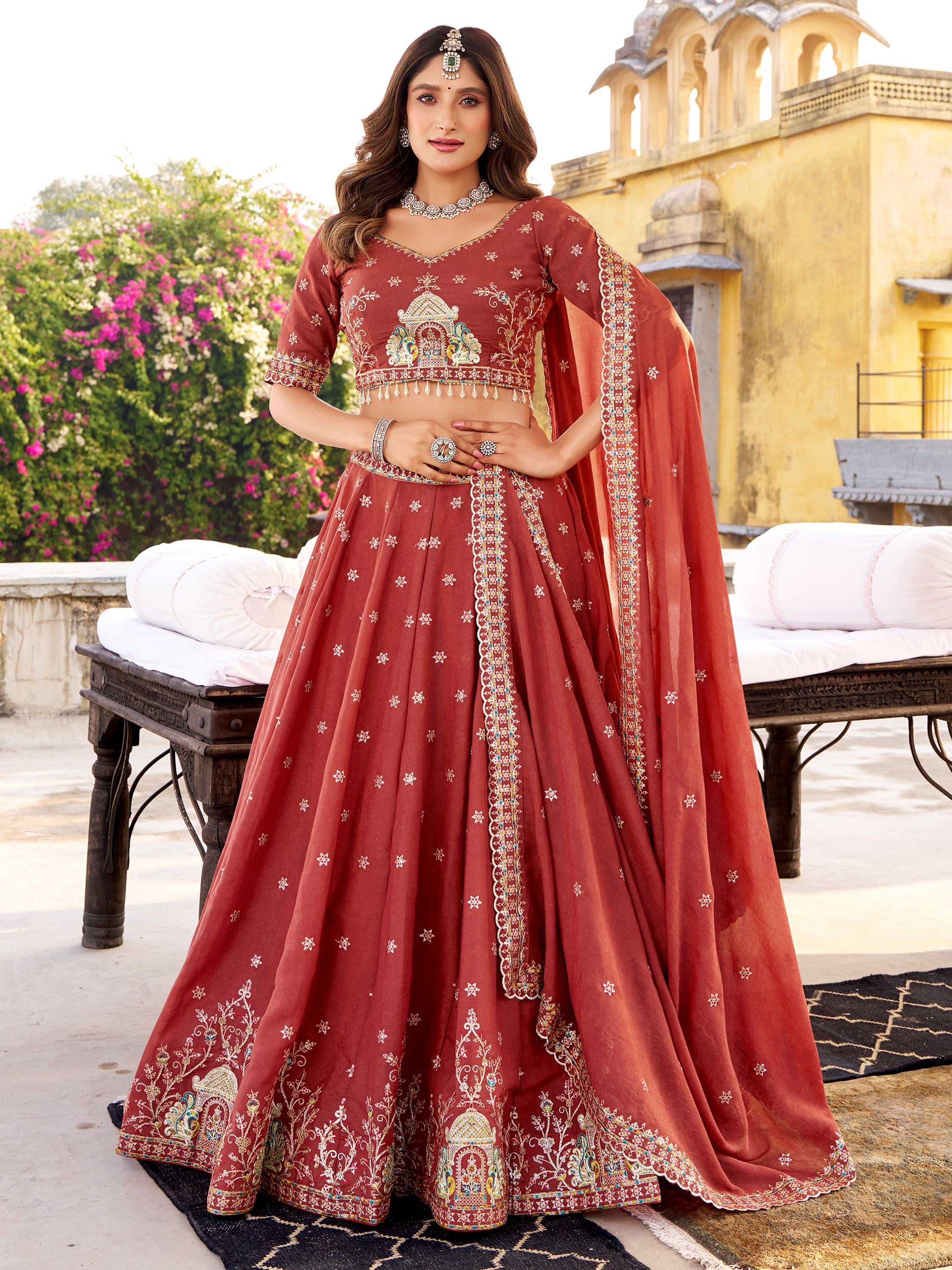 Orange Silk Thread Embroidered Festival Wear Lehenga Choli