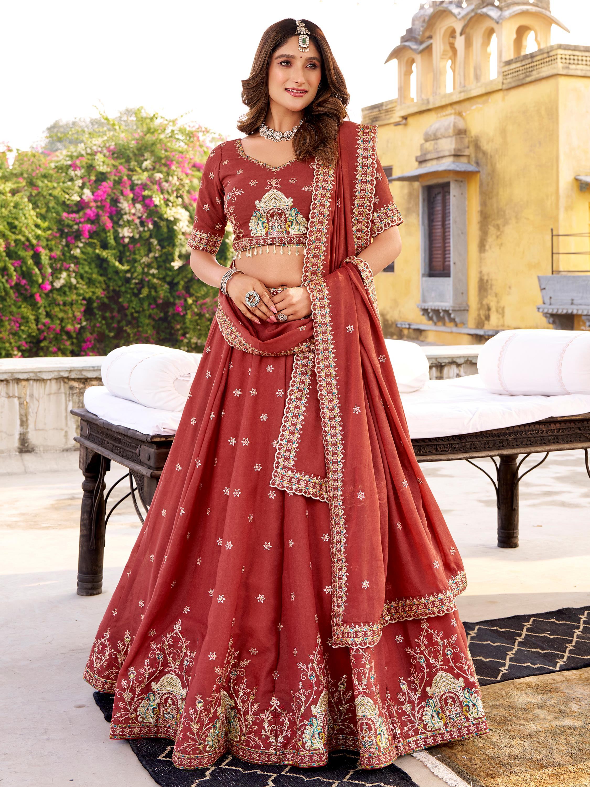 Orange Silk Thread Embroidered Festival Wear Lehenga Choli