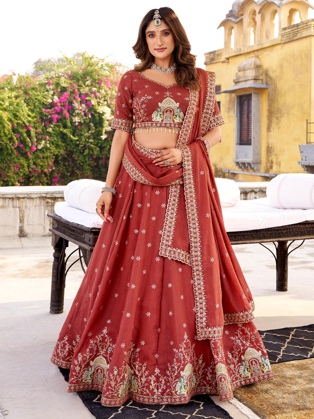 Orange Silk Thread Embroidered Festival Wear Lehenga Choli