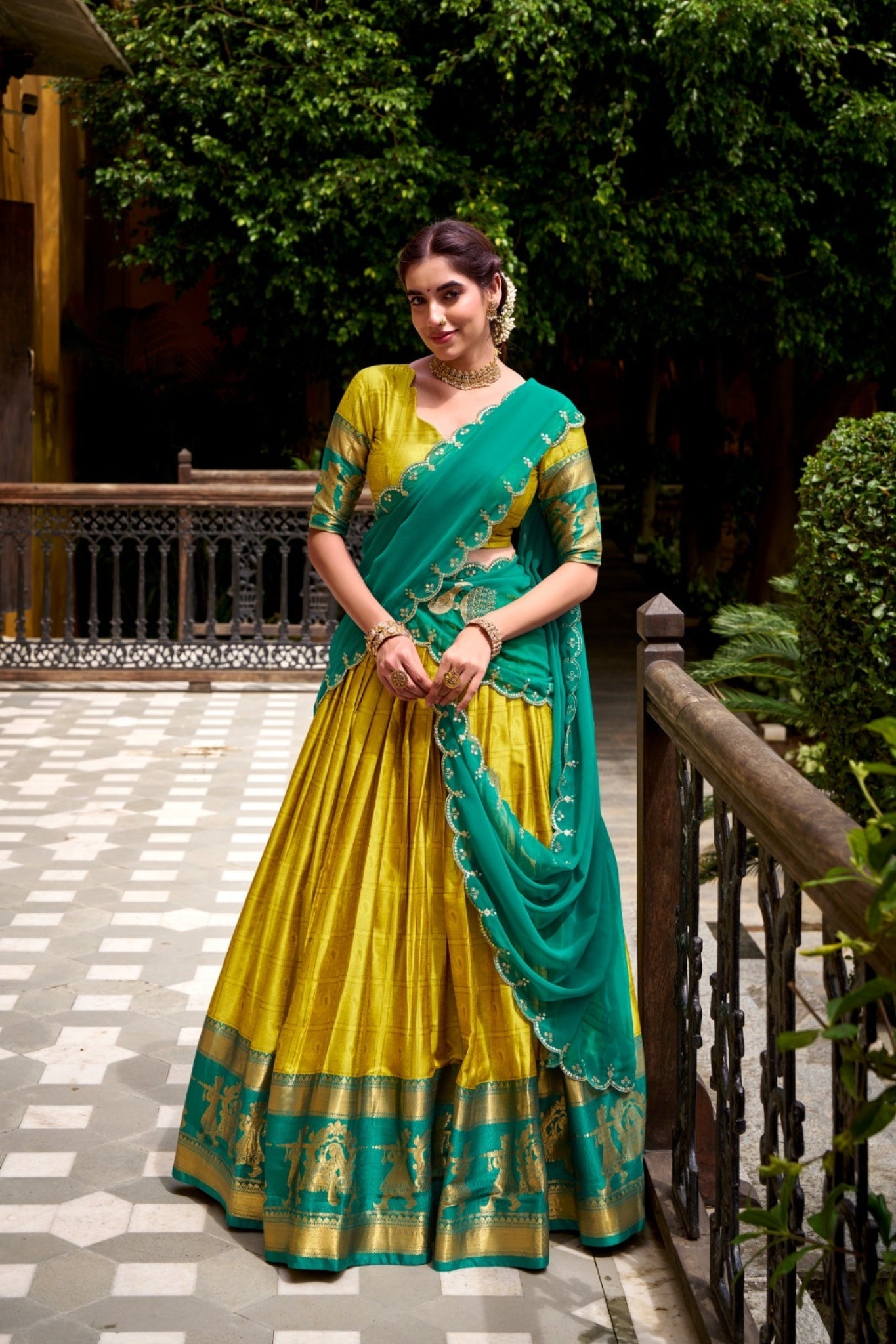 Yellow Poly Cotton Zari Weaving Work Beautiful Lehenga Choli
