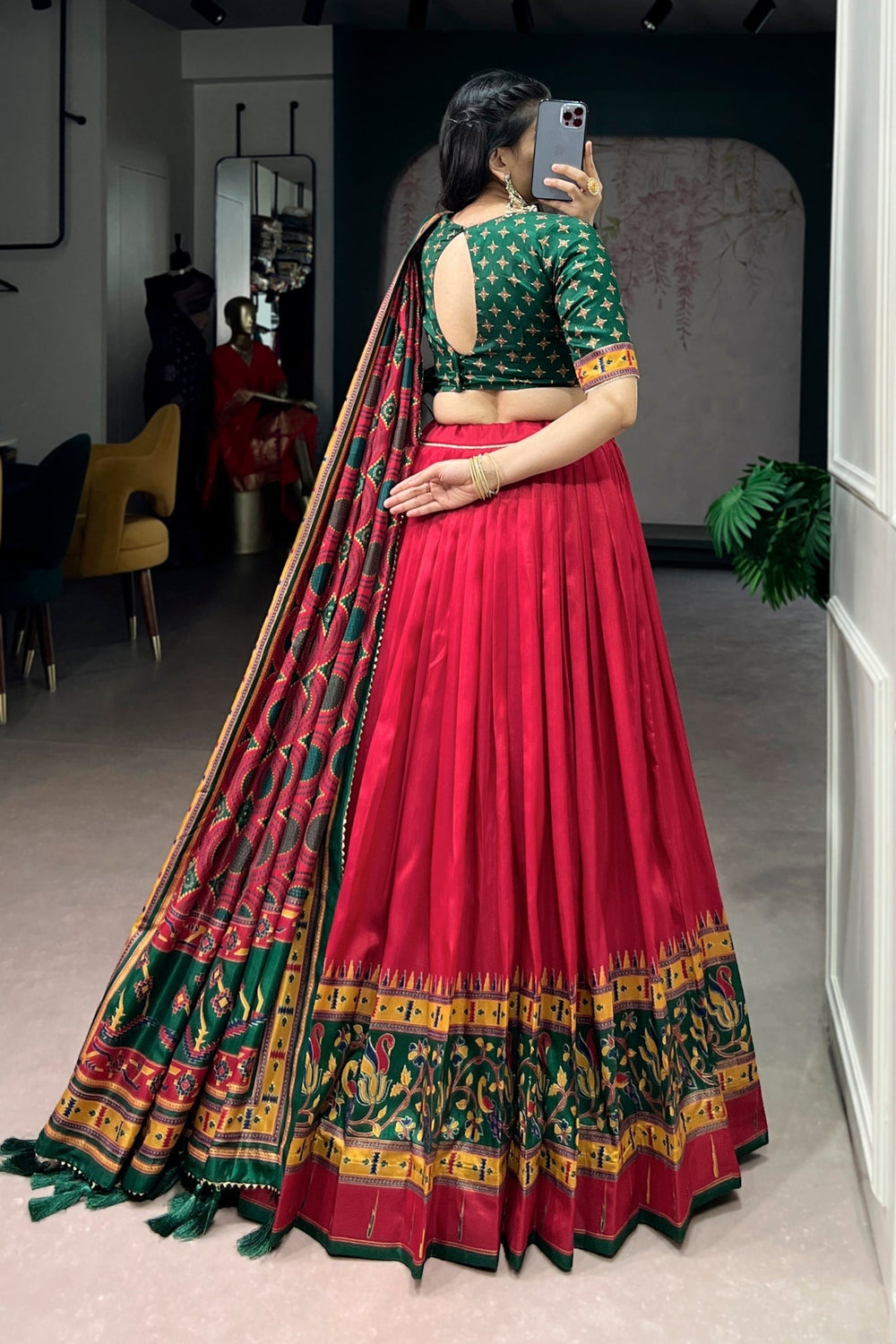 Red Printed Tasar Silk Festive Lehenga Choli for Women