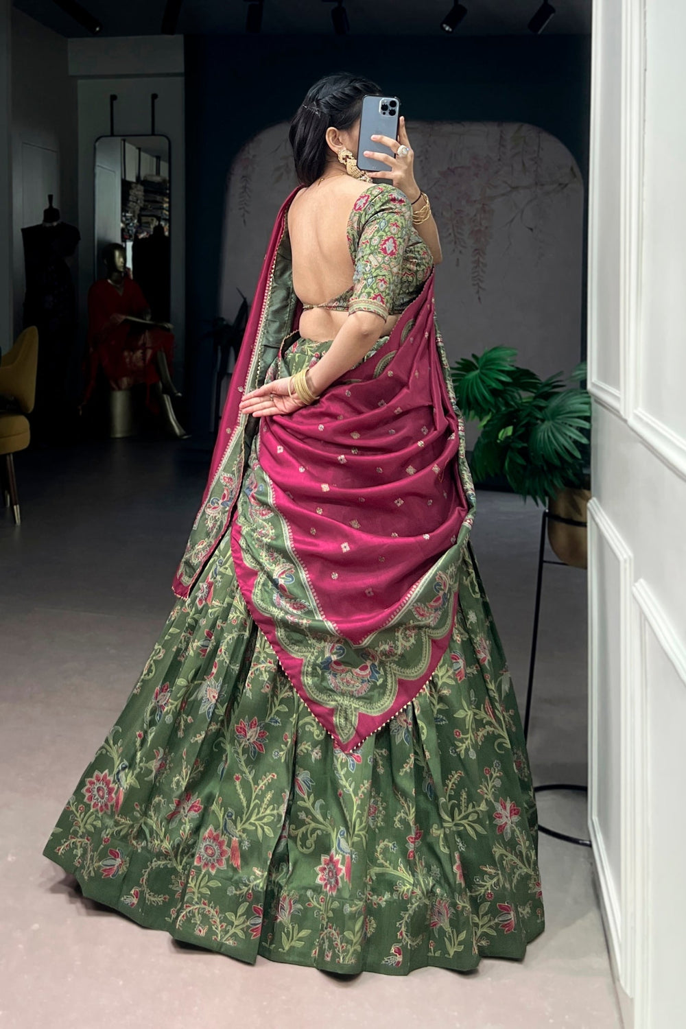 Attractive Tassar Silk Printed Lehenga Choli Set - Zimonza