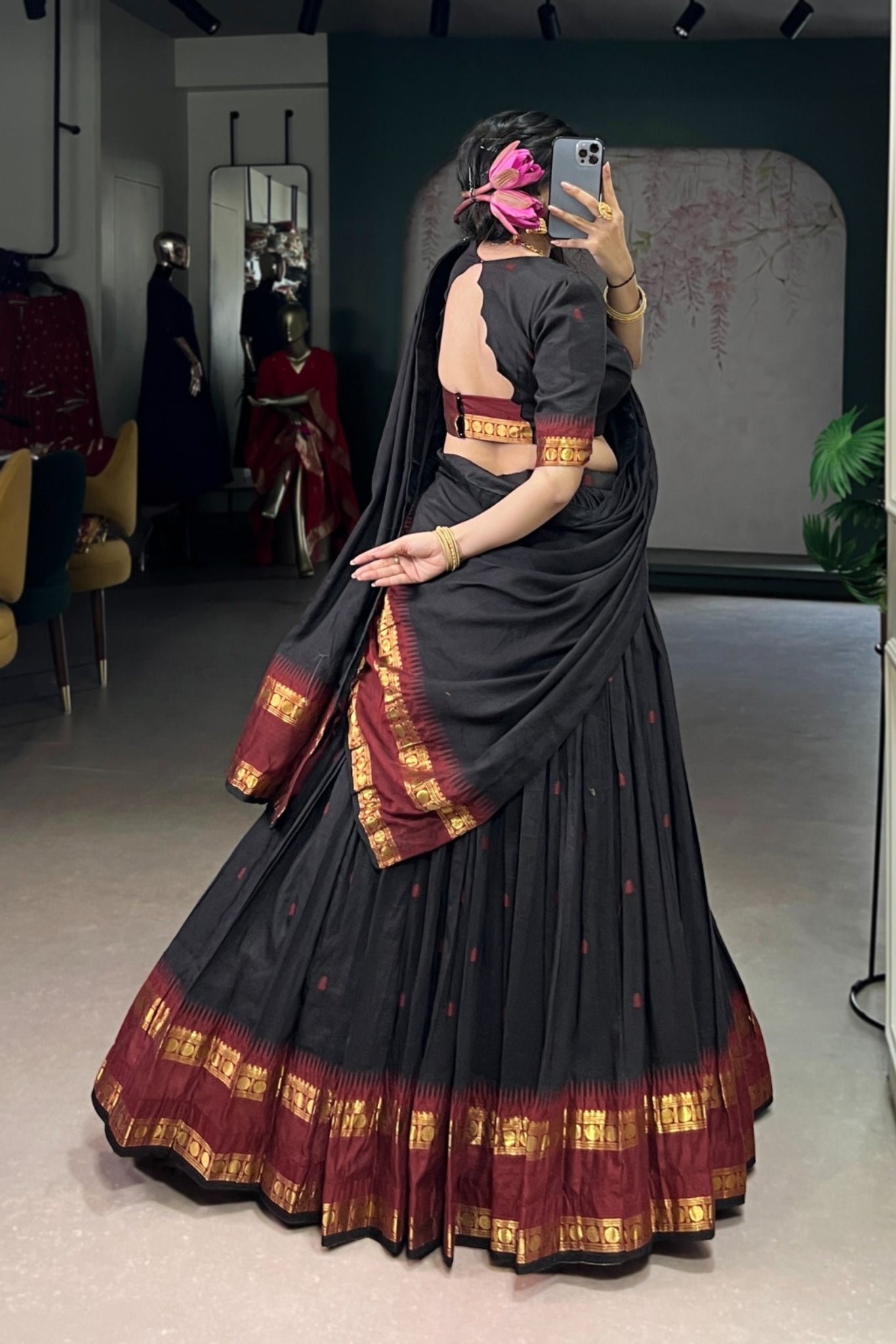 Brown Pure Chanderi Zari Weaving Work South Indian Lehenga Choli