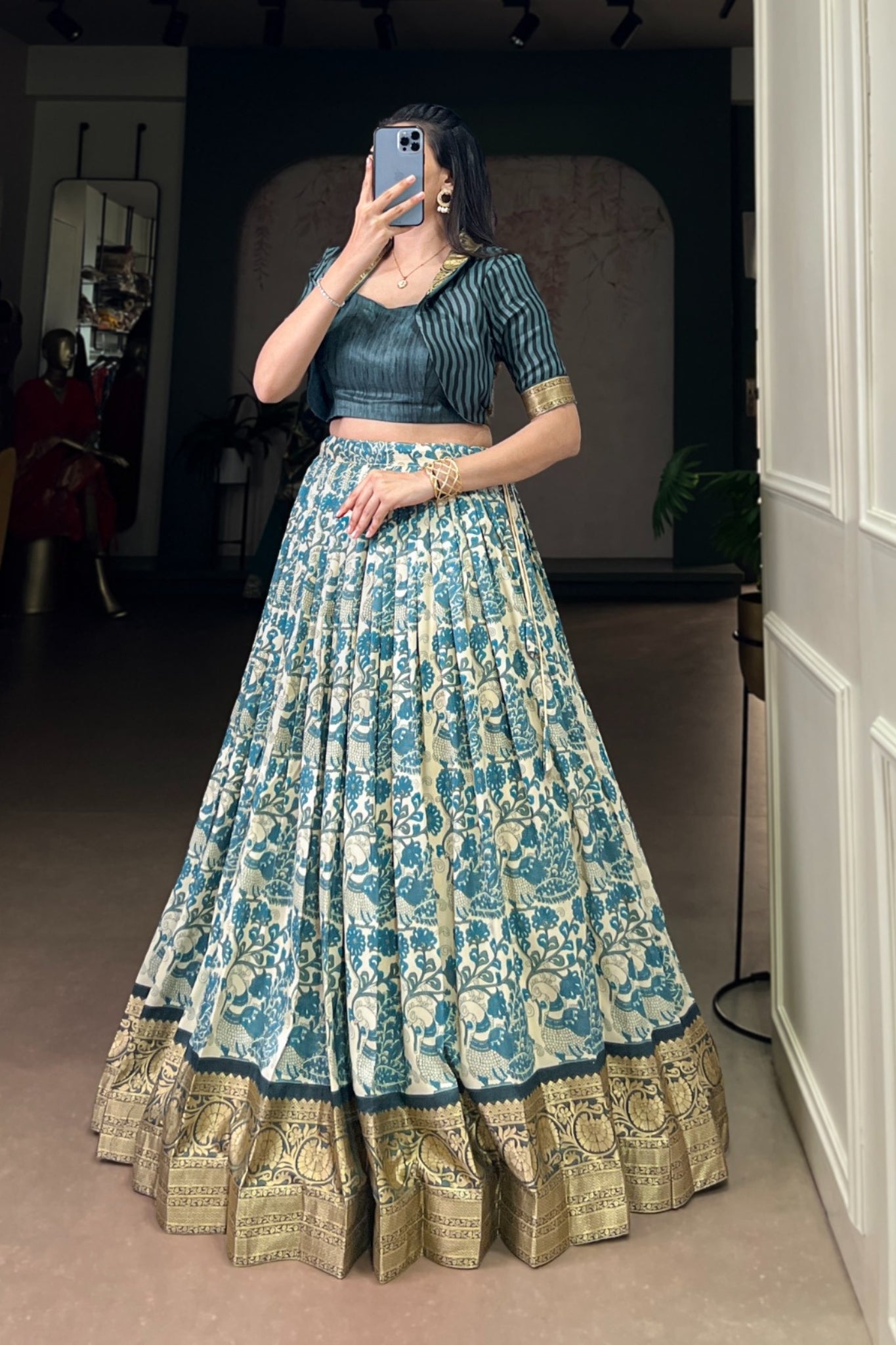 Sky Blue Handcrafted Tasar Silk Printed With Viscose Border Lehenga Choli