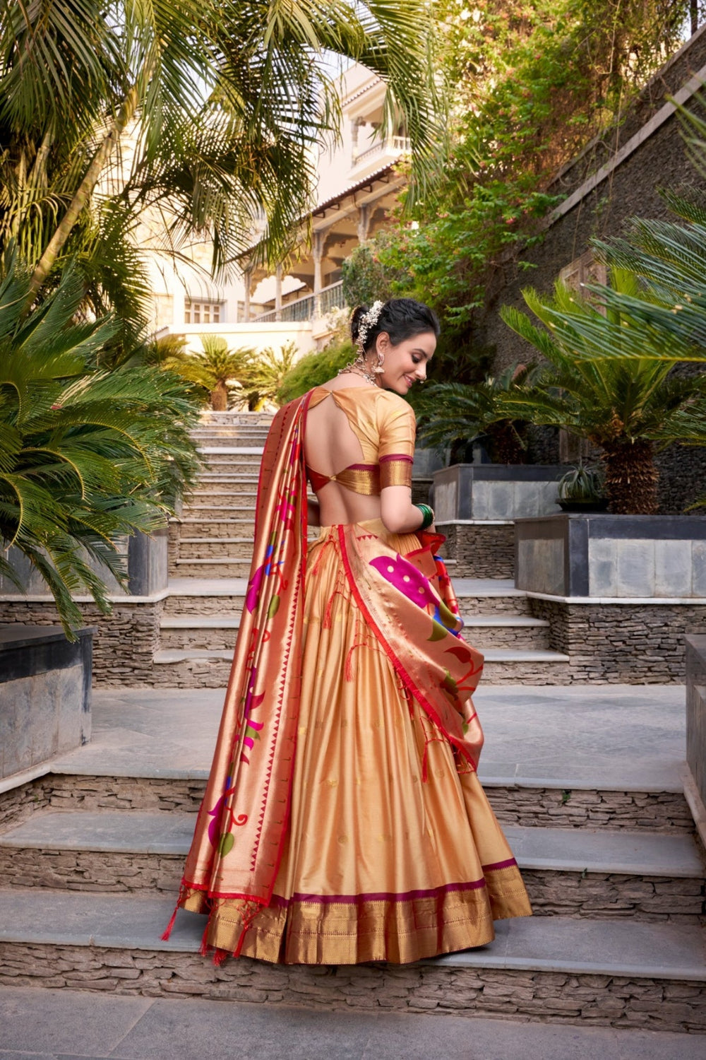 Chiku Paithani Jacquard Silk Lehenga Set with Zari Weaving Work