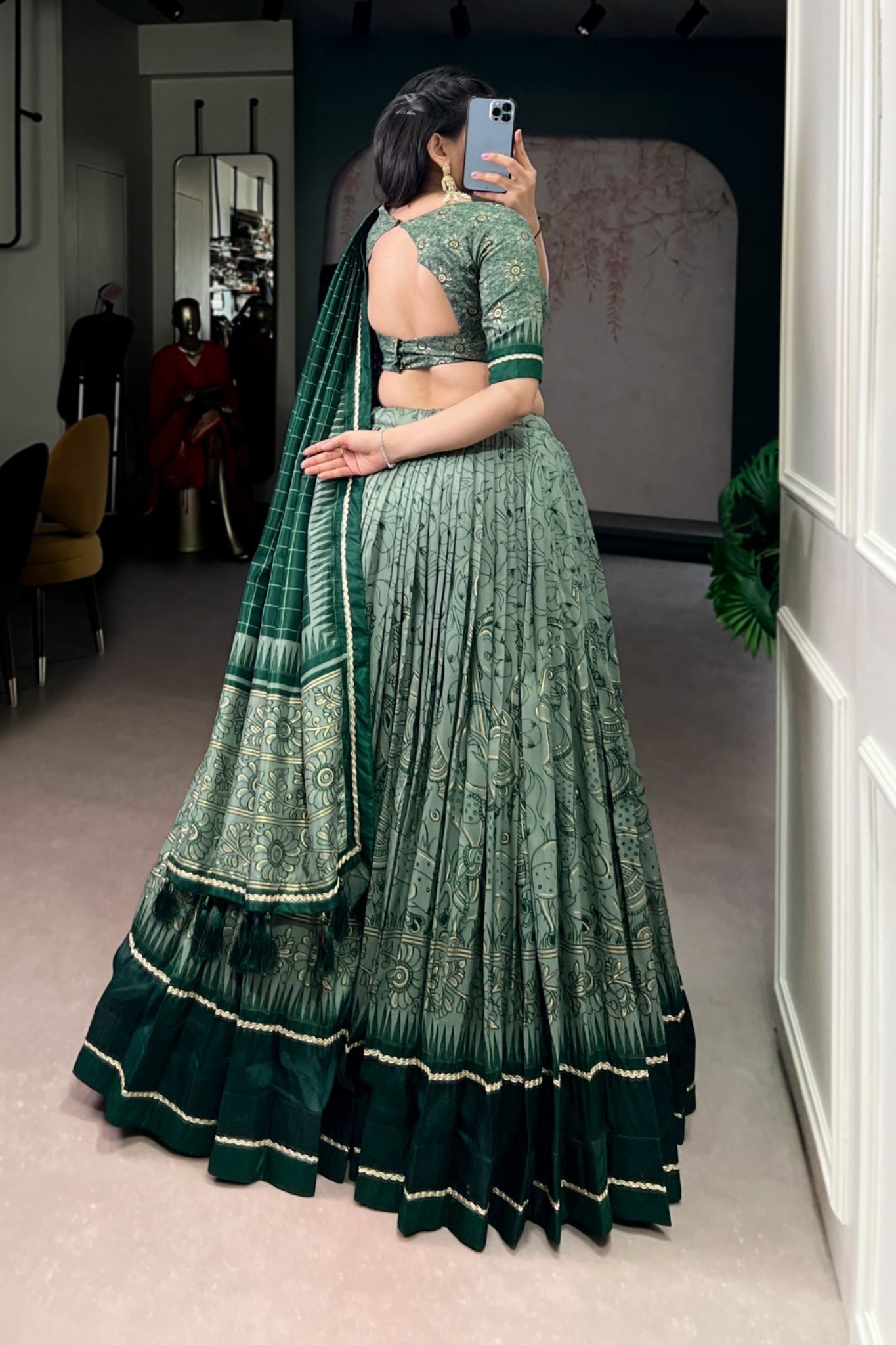 Green Festive Kalamkari Printed Tasar Silk Lehenga Choli With Dupatta