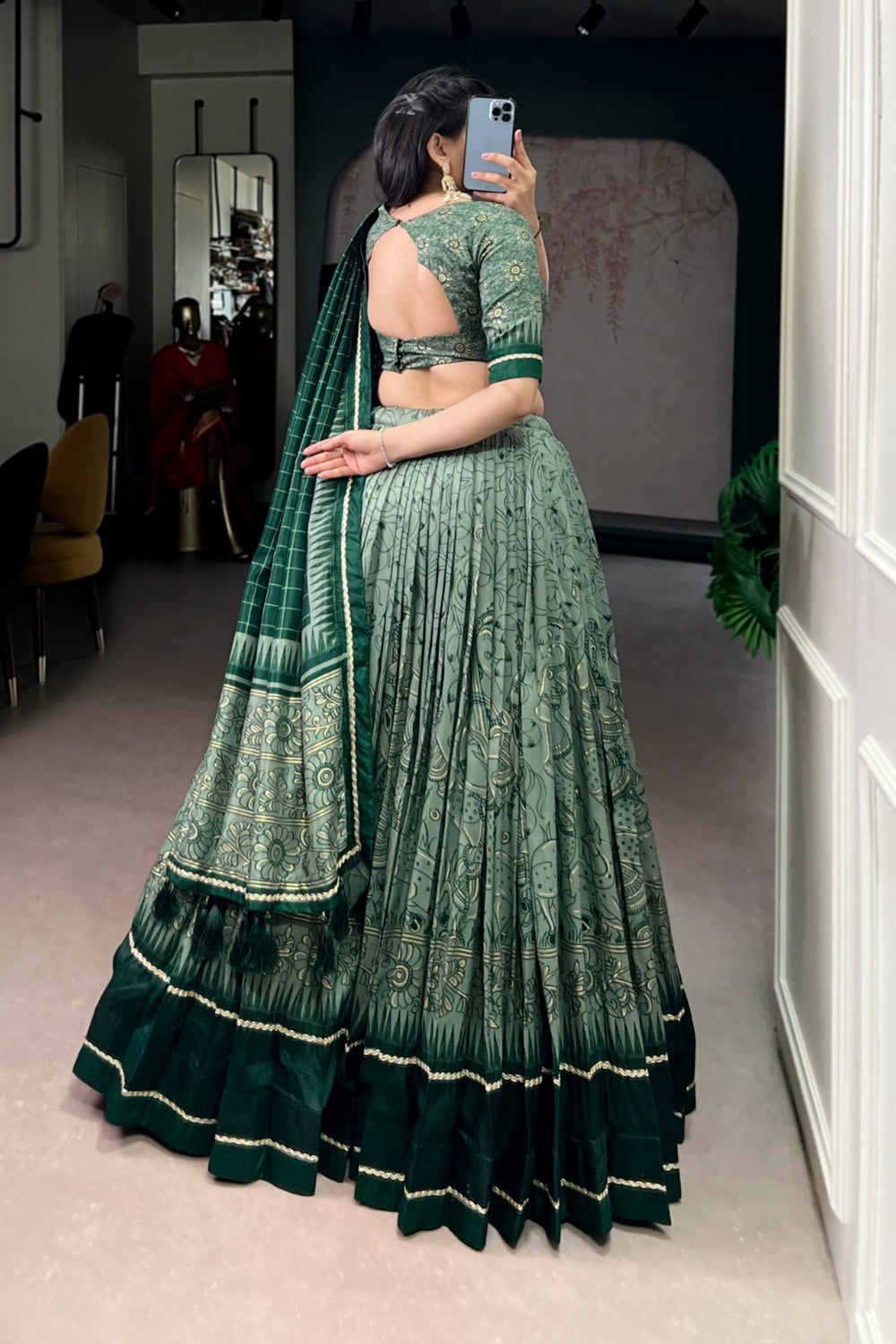 Green Festive Kalamkari Printed Tasar Silk Lehenga Choli With Dupatta