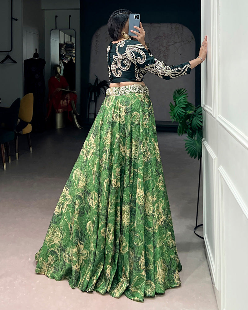 Green Eye Catching Tussar Silk Printed Embroidered Lehenga Choli for Women