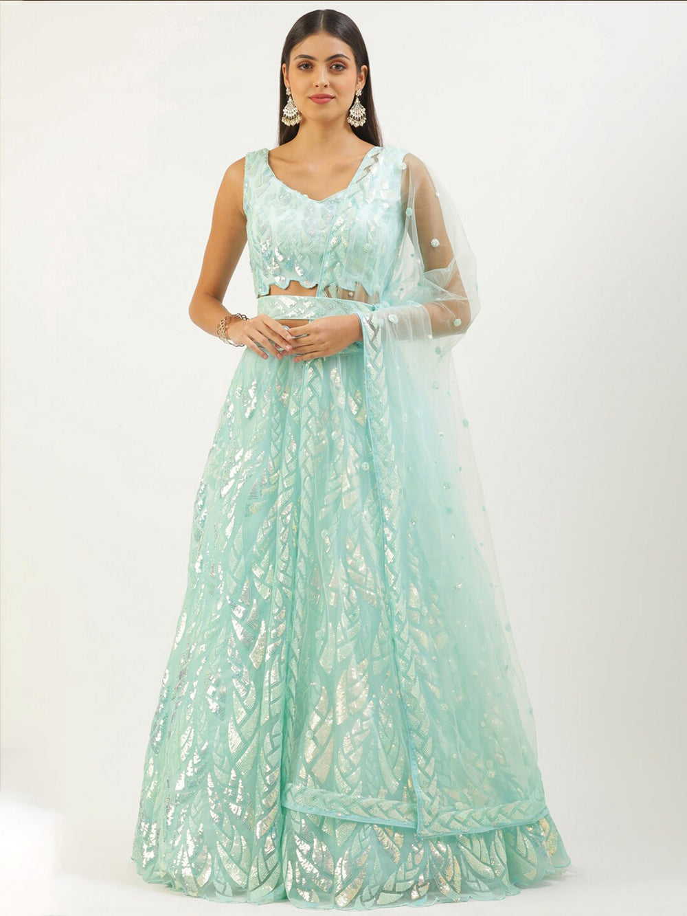 Sequins embellished net lehenga choli with dupatta for wedding and party wear