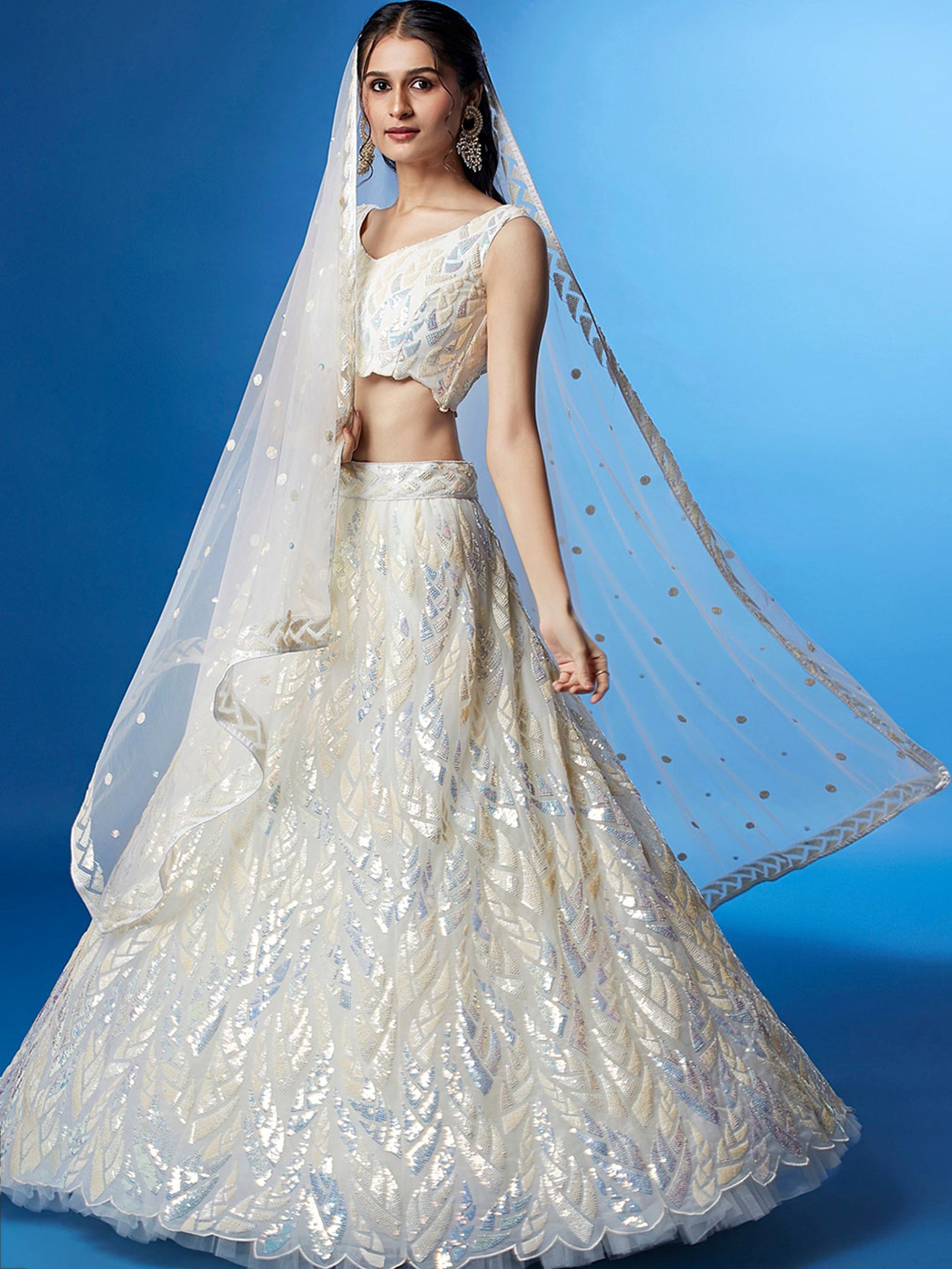 Sequins embellished net lehenga choli with dupatta for wedding and party wear - White Sequins Net Engagement Lehenga Choli for Ladies