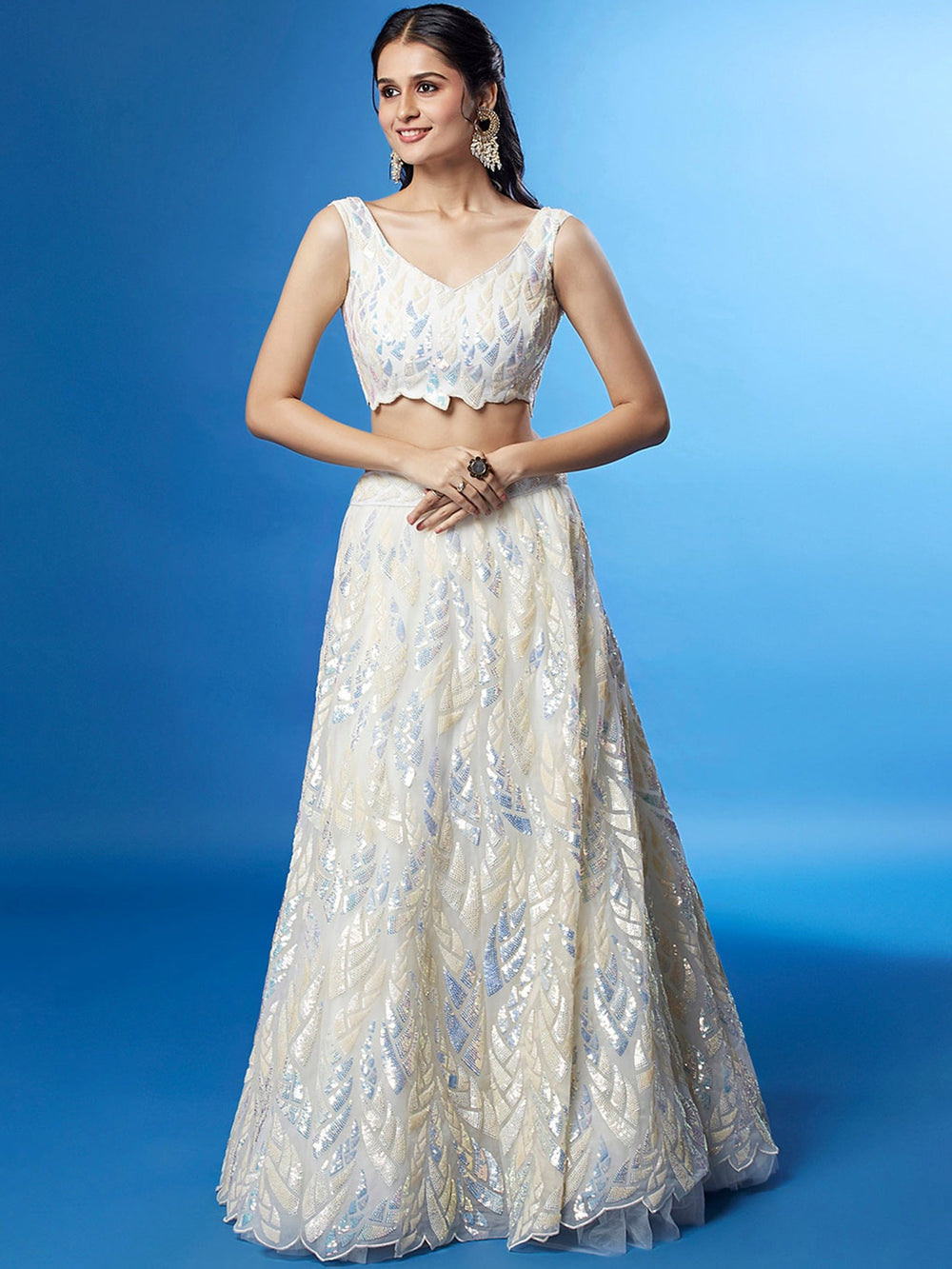 Sequins embellished net lehenga choli with dupatta for wedding and party wear - White Sequins Net Engagement Lehenga Choli for Ladies