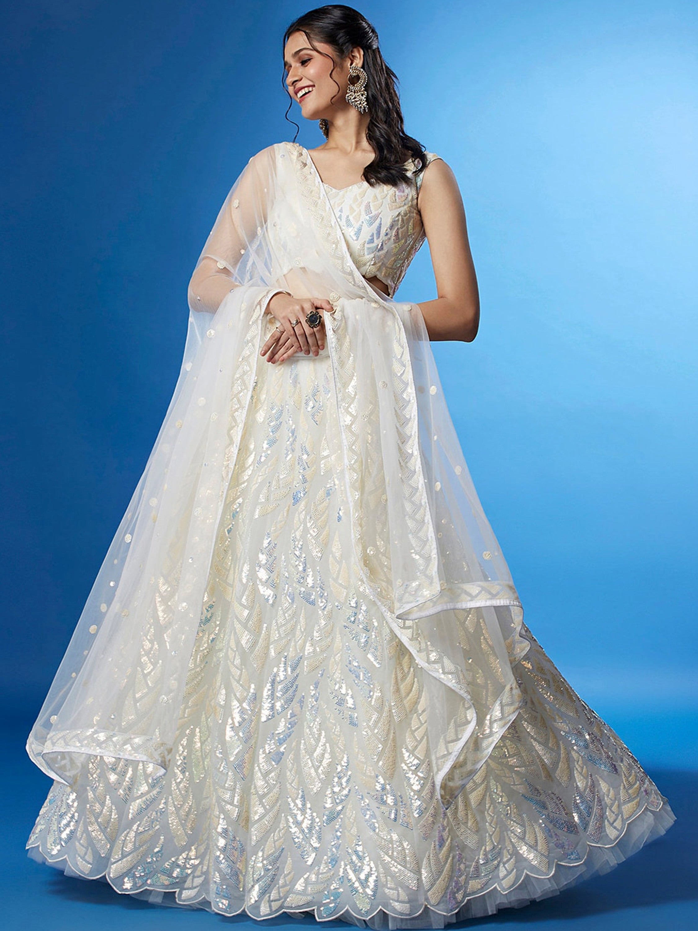 Sequins embellished net lehenga choli with dupatta for wedding and party wear - White Sequins Net Engagement Lehenga Choli for Ladies