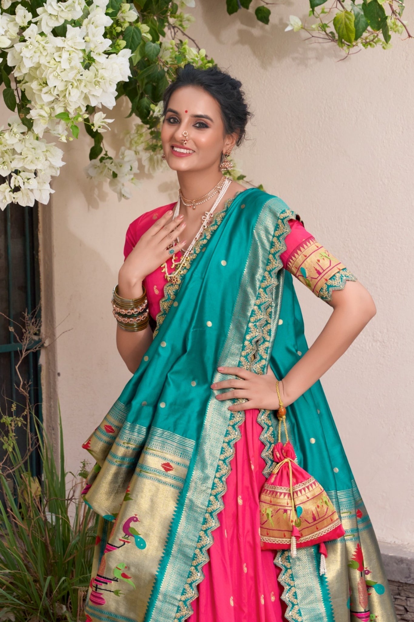 Pink Traditional Paithani Jacquard Sik Lehenga Set For Wedding