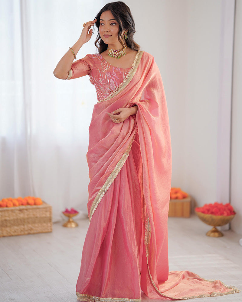 Baby Pink Fendi Silk Pre Draped Saree