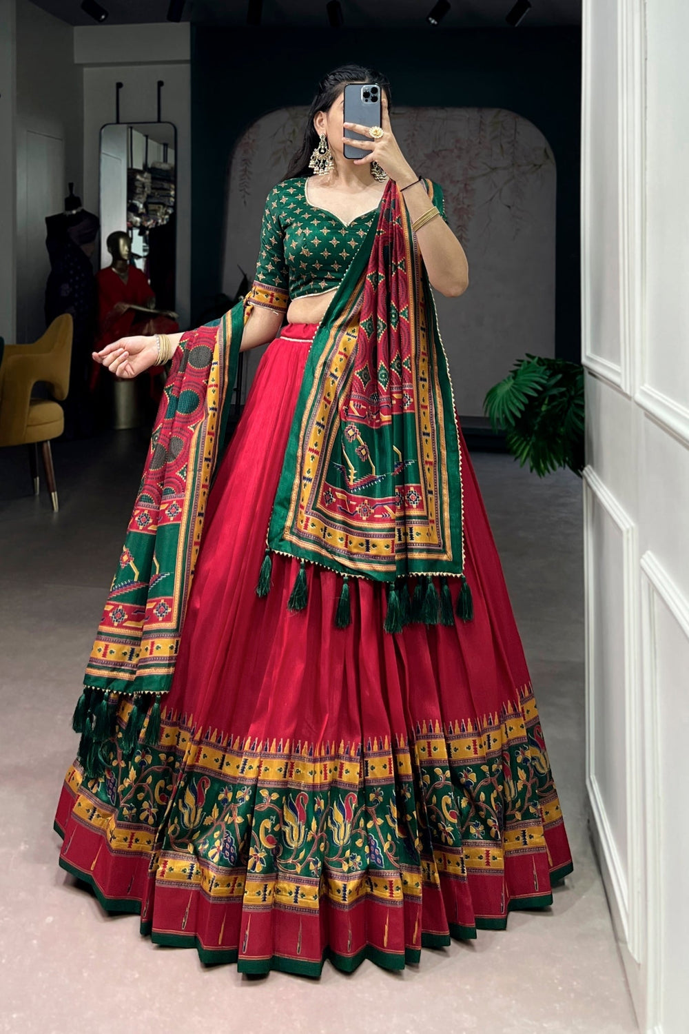 Red Printed Tasar Silk Festive Lehenga Choli for Women