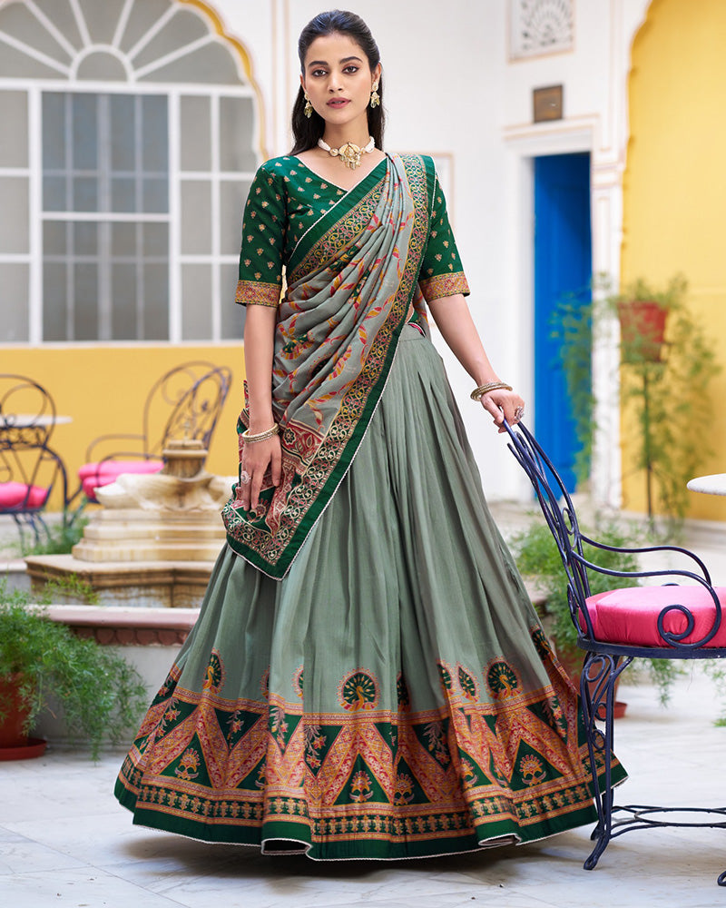Green Tasar Silk Printed Sparkle Designer Lehenga Choli Set