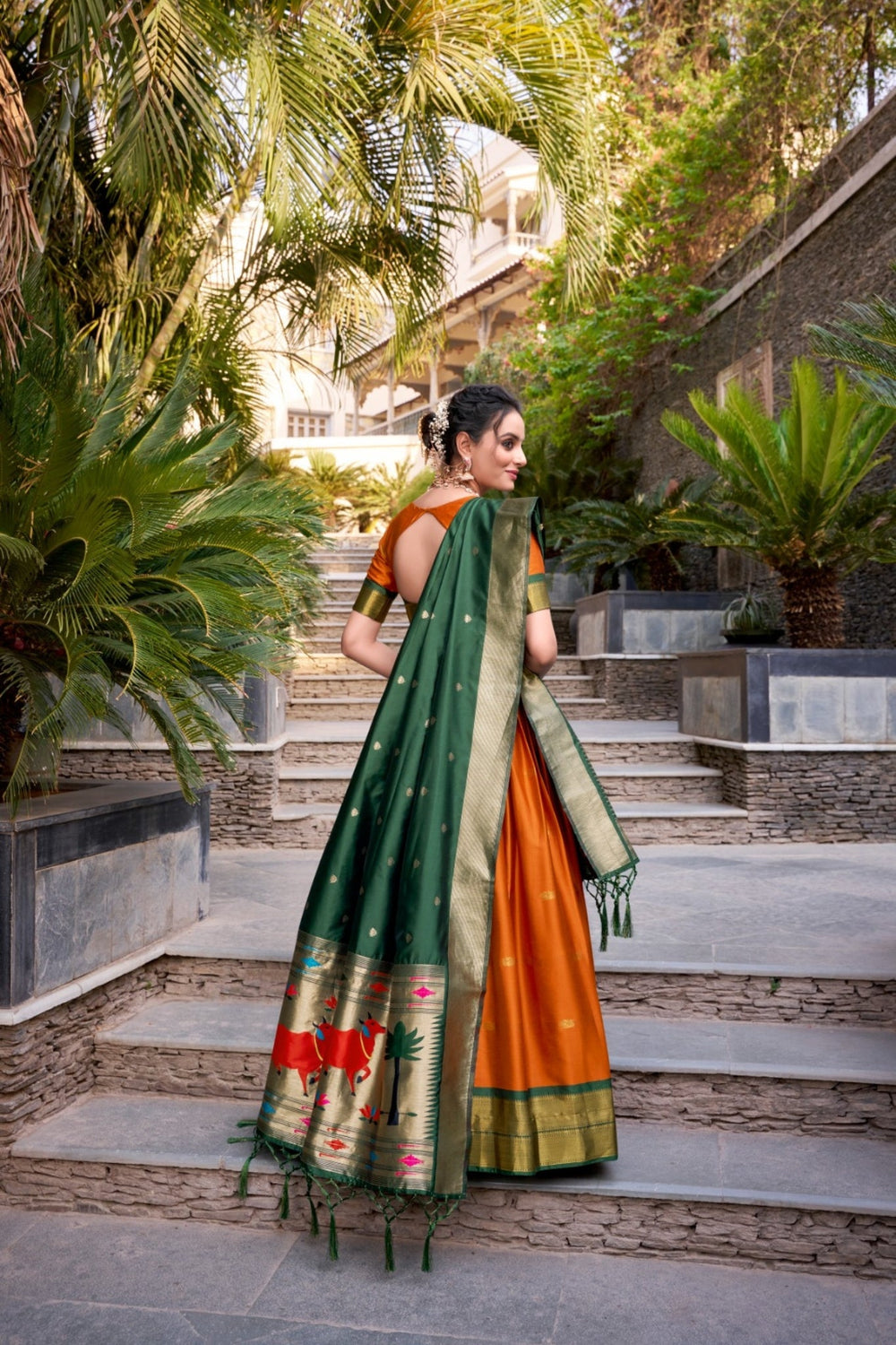 Orange Paithani Jacquard Silk Lehenga Set with Zari Weaving Work