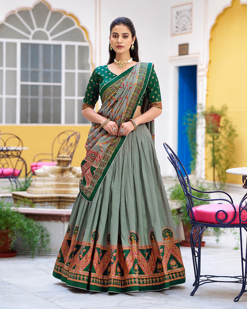 Green Tasar Silk Printed Sparkle Designer Lehenga Choli Set