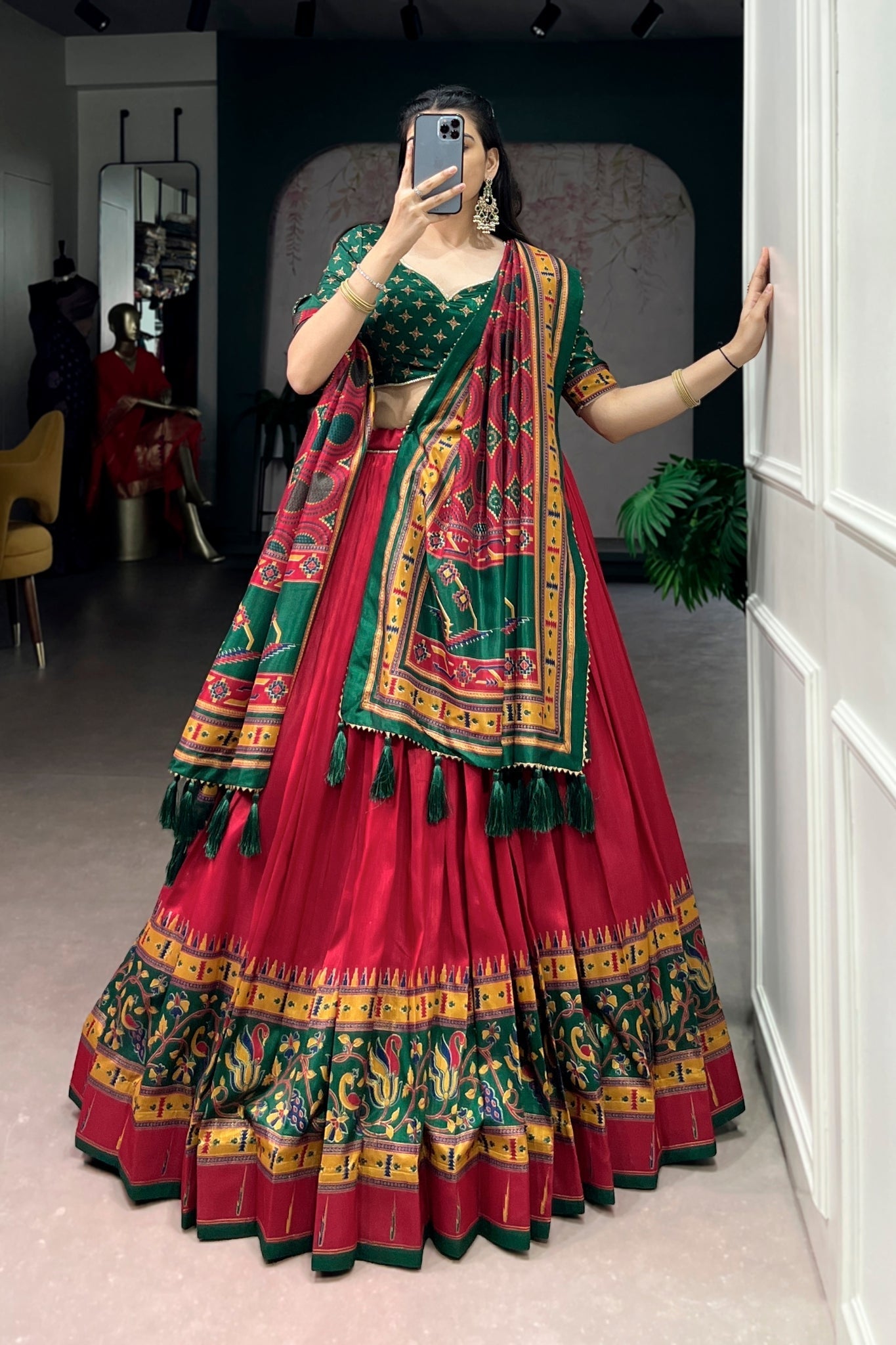 Red Printed Tasar Silk Festive Lehenga Choli for Women