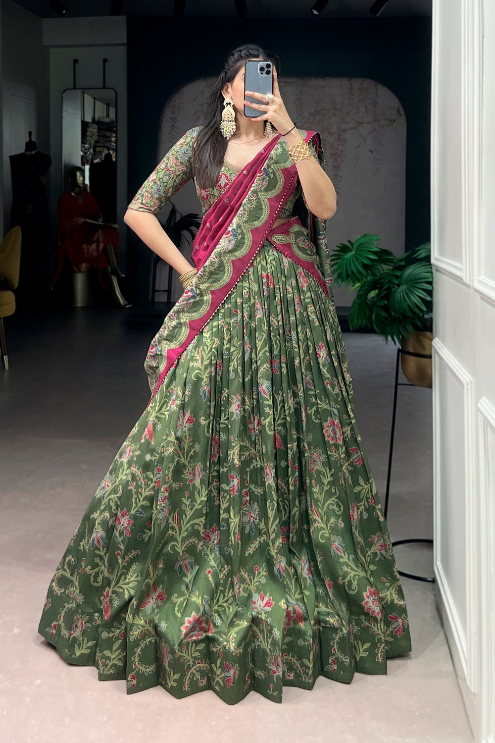Attractive Tassar Silk Printed Lehenga Choli Set - Zimonza