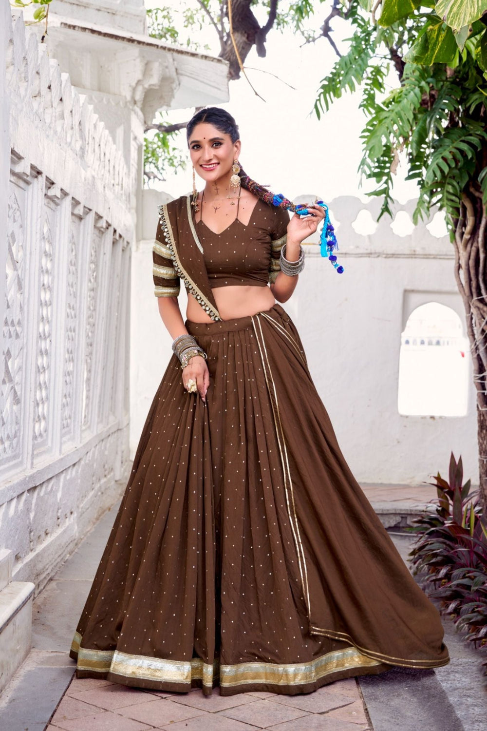 Brown Pure Chanderi Zari Weaving Lehenga Choli Set For Festive And Wedding Special