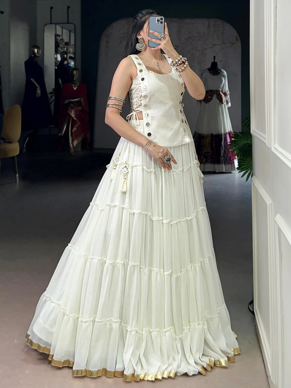 White Chiffon Mirror Work Festival Wear Crop Top Lehenga