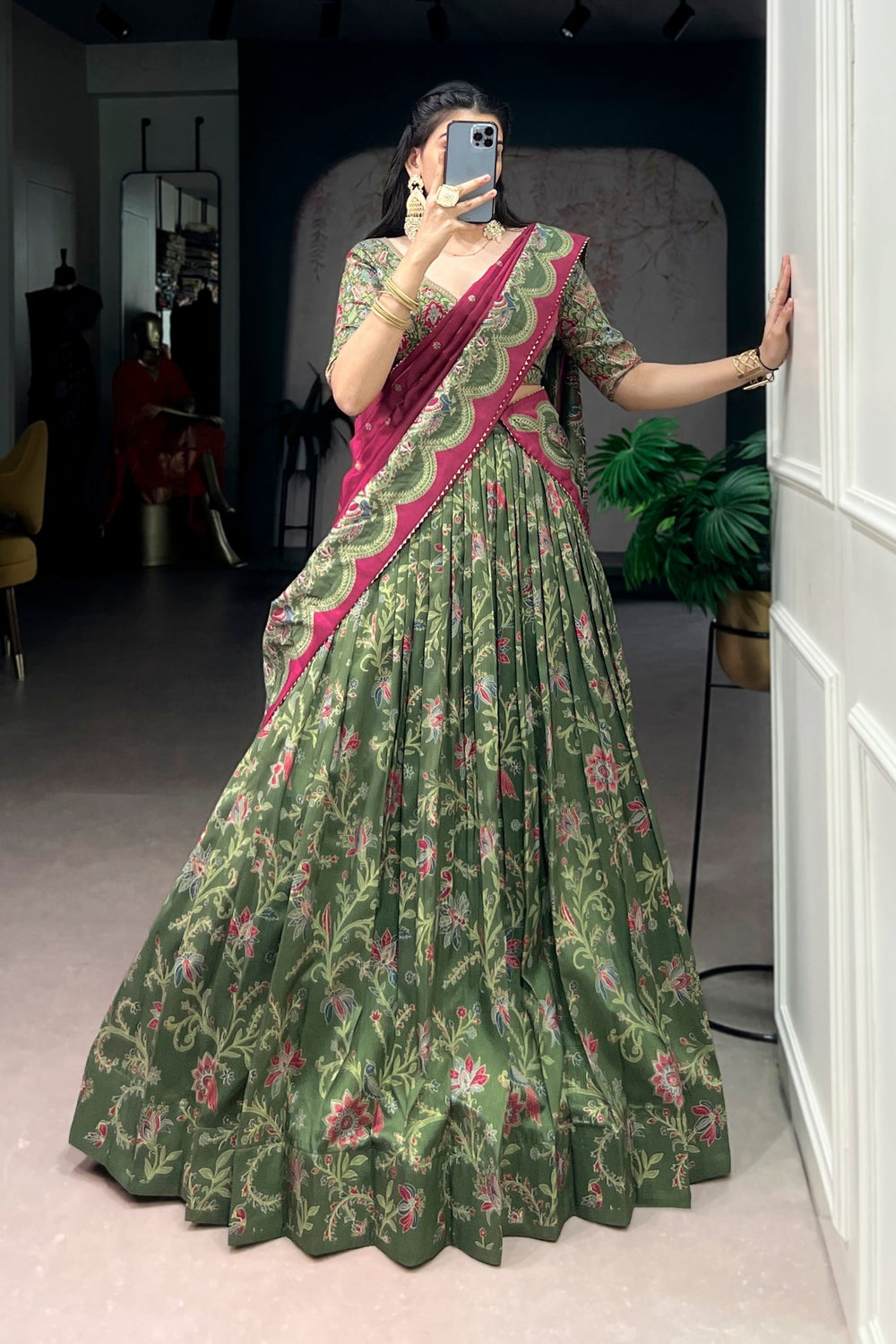 Attractive Tassar Silk Printed Lehenga Choli Set - Zimonza