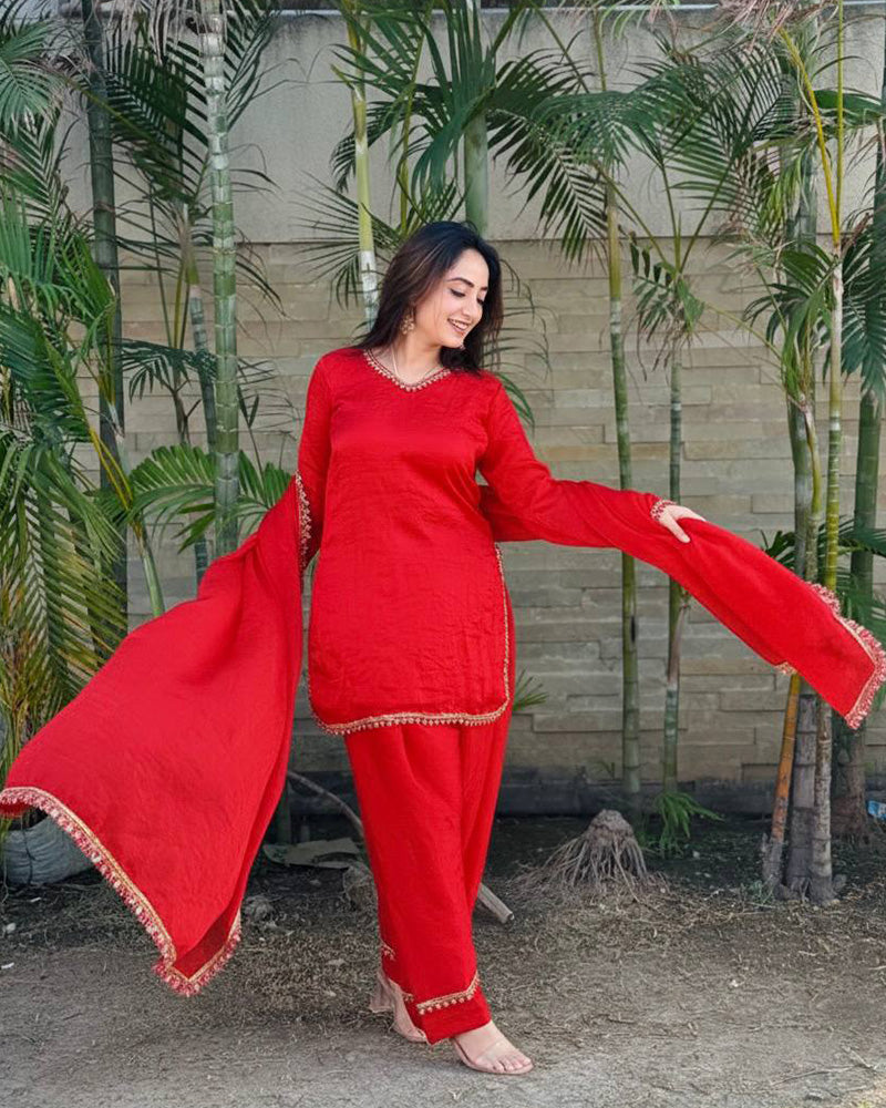 Red Fendi Satin Silk Embroidered Kurti Suit for Women