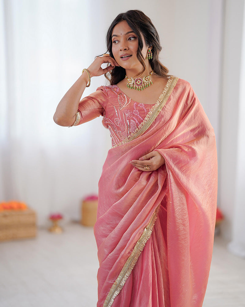 Baby Pink Fendi Silk Pre Draped Saree