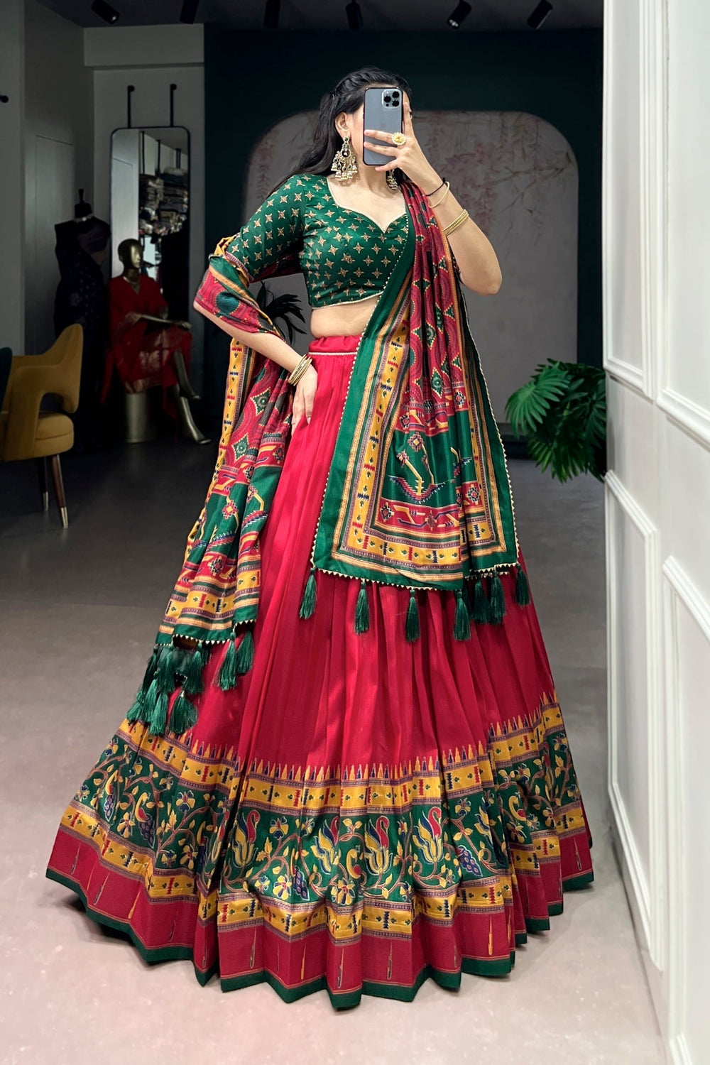 Red Printed Tasar Silk Festive Lehenga Choli for Women