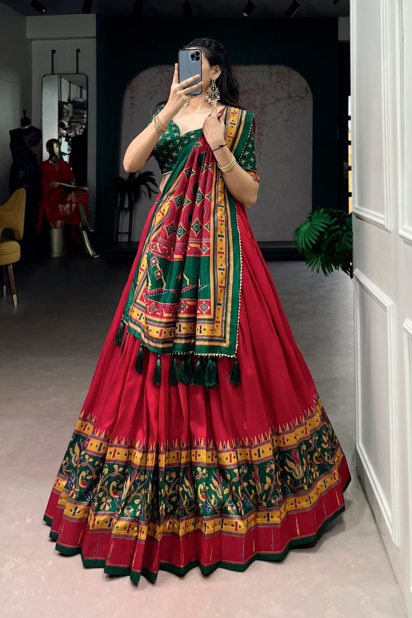 Red Printed Tasar Silk Festive Lehenga Choli for Women