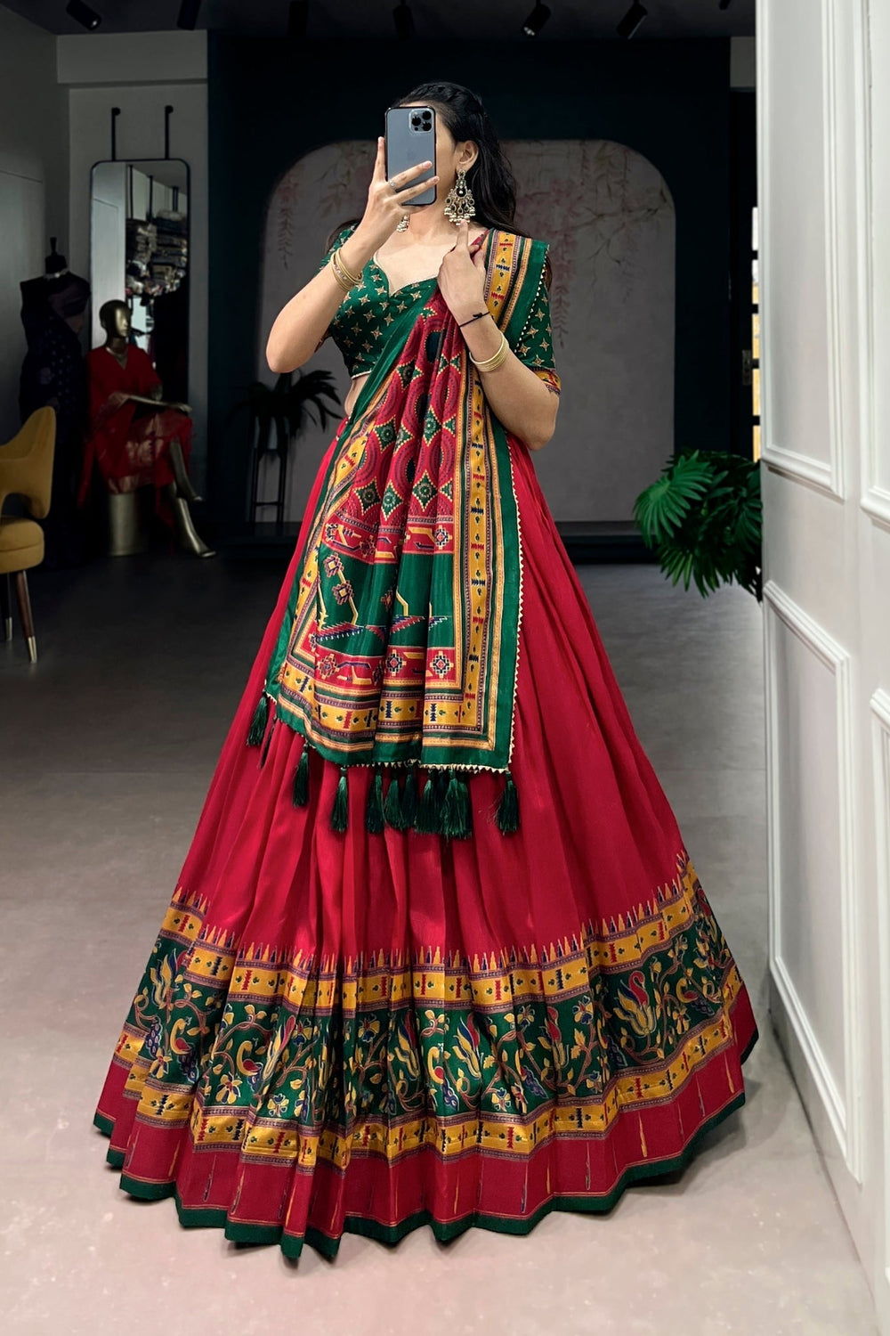 Red Printed Tasar Silk Festive Lehenga Choli for Women