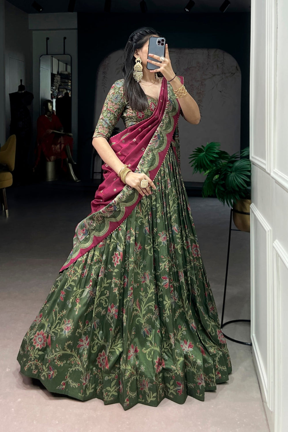 Attractive Tassar Silk Printed Lehenga Choli Set - Zimonza