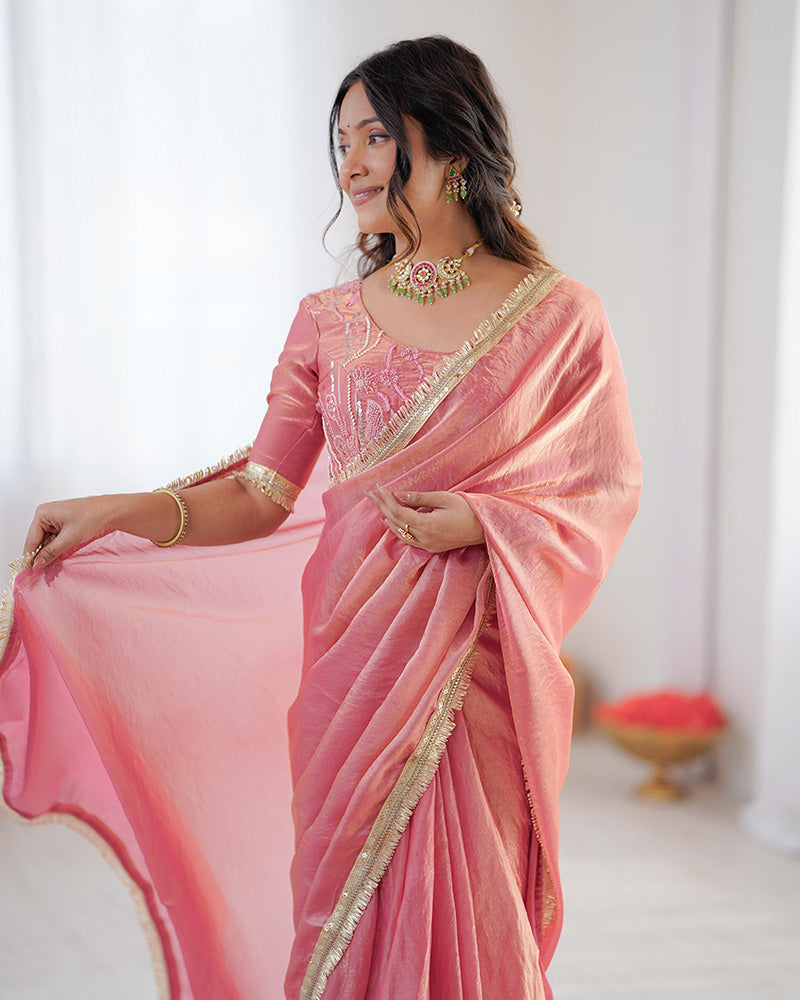 Baby Pink Fendi Silk Pre Draped Saree