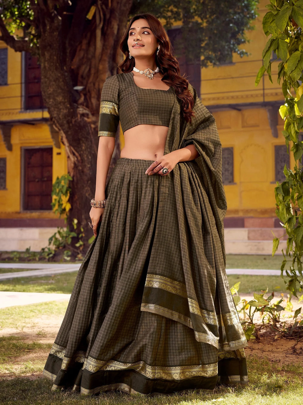 Grey Cotton Zari Weaving Festive Wear Lehenga Choli for Women