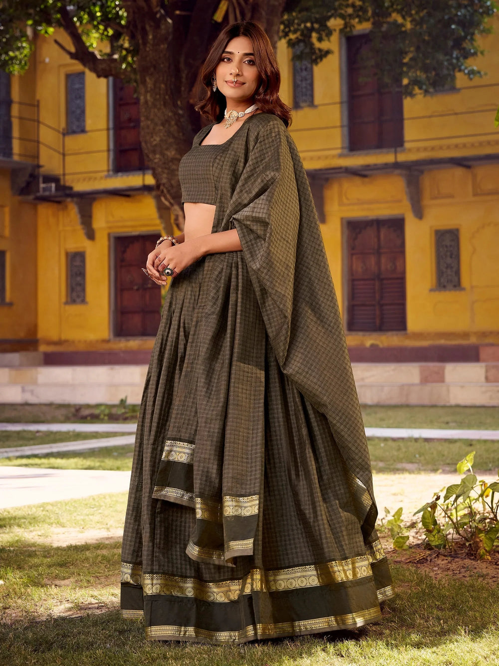 Grey Cotton Zari Weaving Festive Wear Lehenga Choli for Women