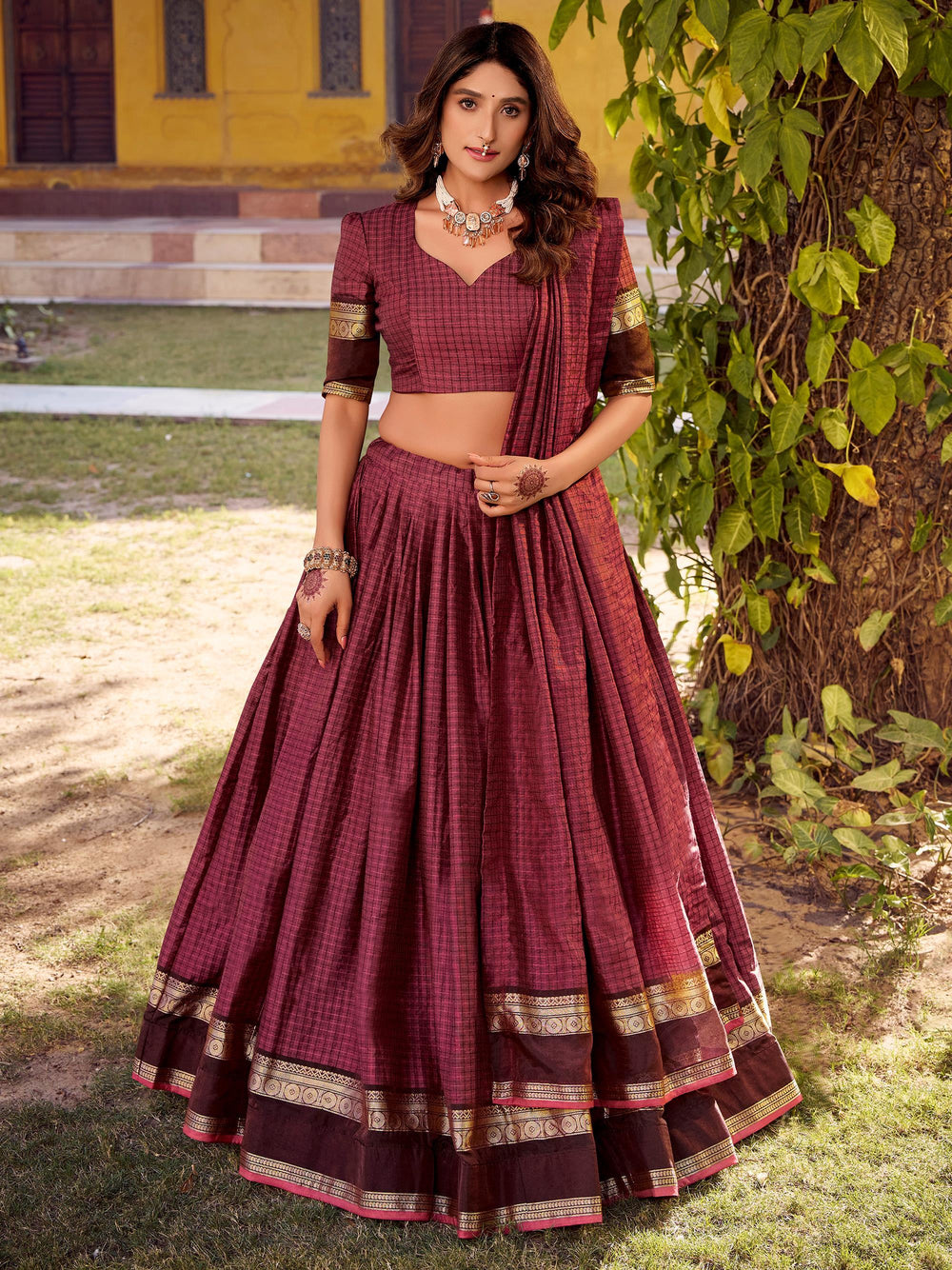 Maroon Cotton Zari Weaving Wedding Wear Lehenga Choli for Women