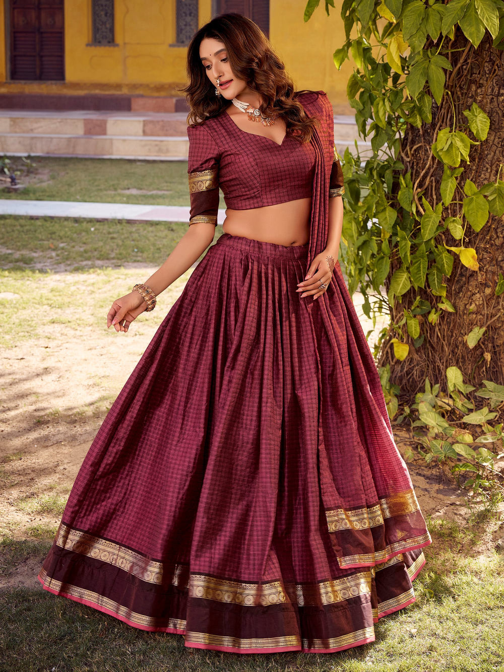 Maroon Cotton Zari Weaving Wedding Wear Lehenga Choli for Women