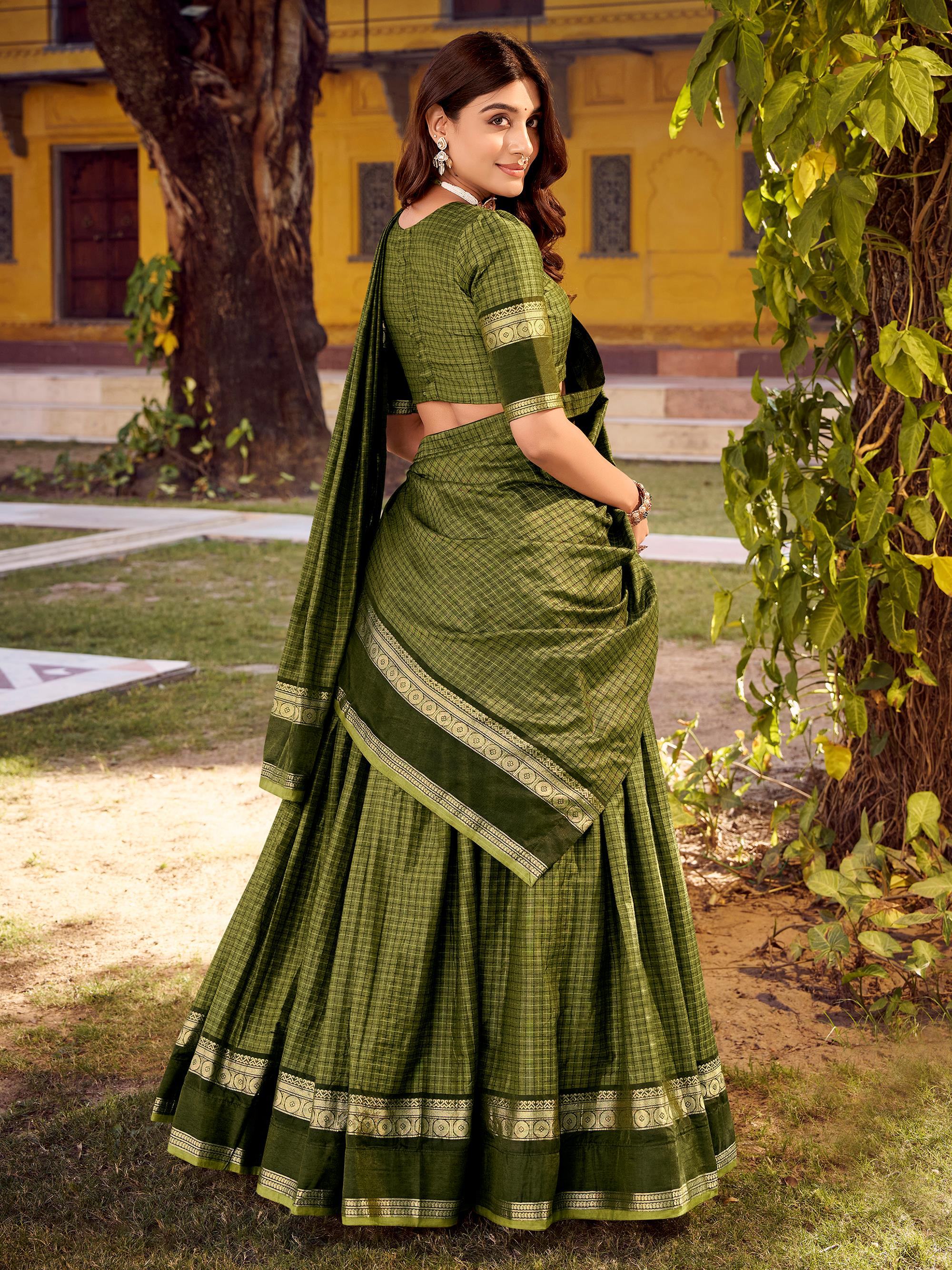 Green Cotton Zari Weaving Wedding Wear Lehenga Choli for Women
