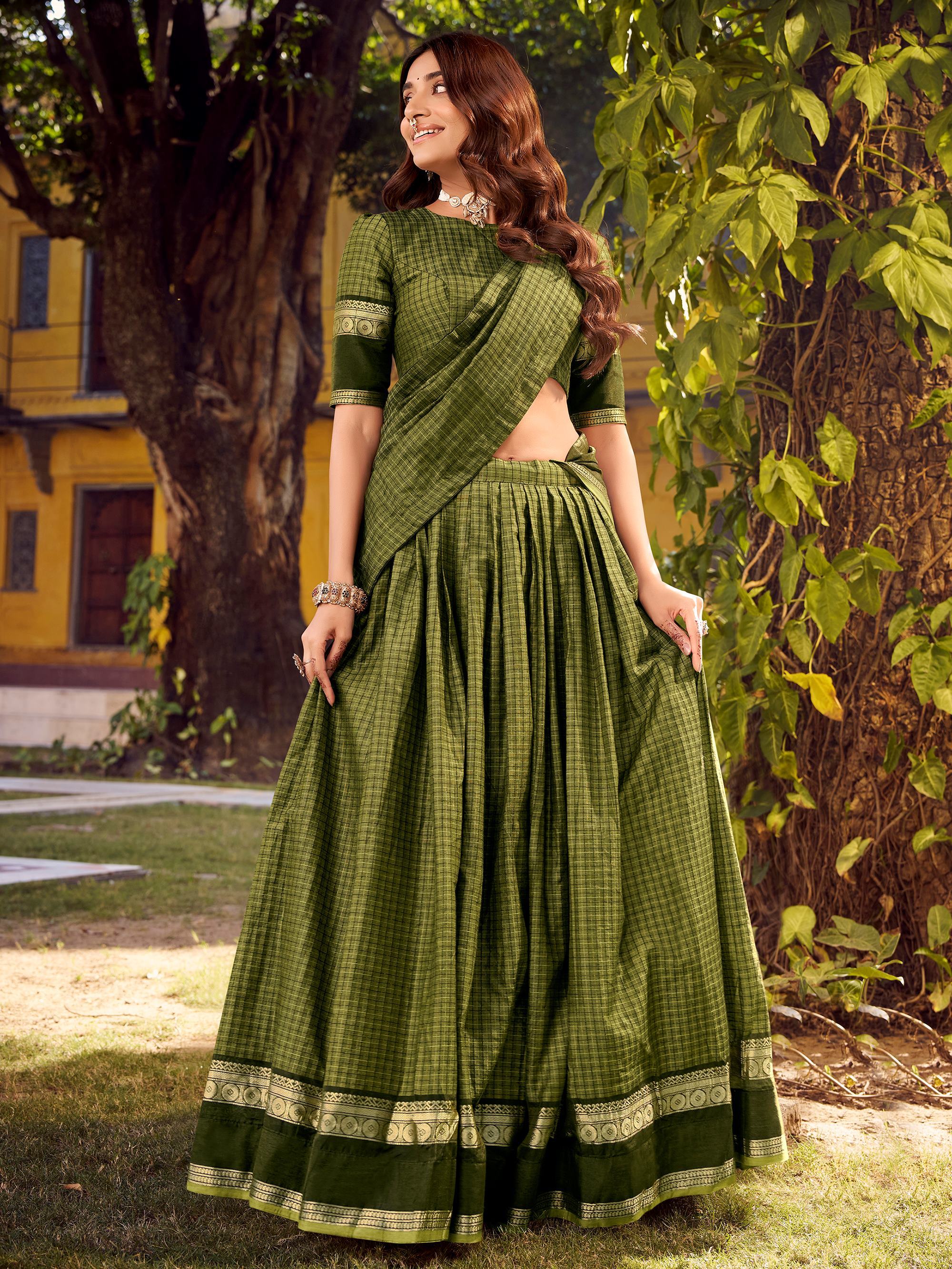 Green Cotton Zari Weaving Wedding Wear Lehenga Choli for Women