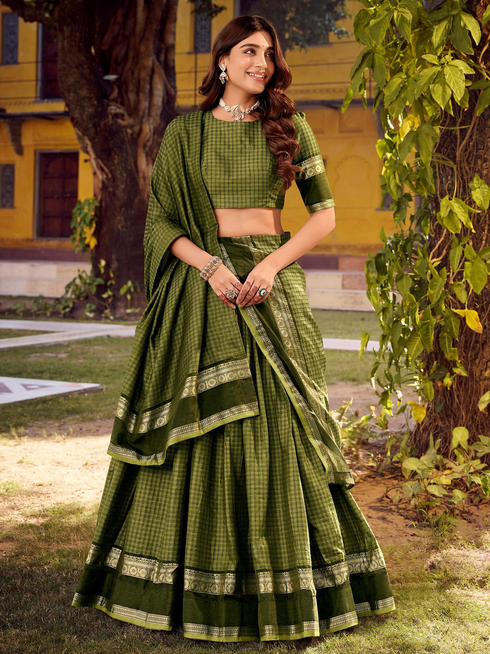 Green Cotton Zari Weaving Wedding Wear Lehenga Choli for Women