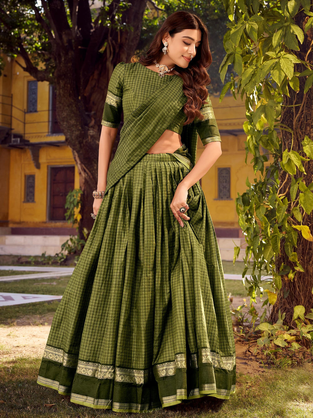 Green Cotton Zari Weaving Wedding Wear Lehenga Choli for Women