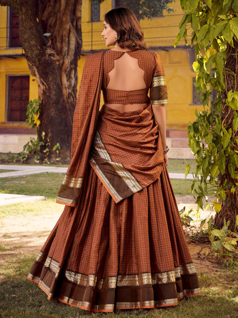 Brown Cotton Zari Weaving Festive Wear Lehenga Choli for Women