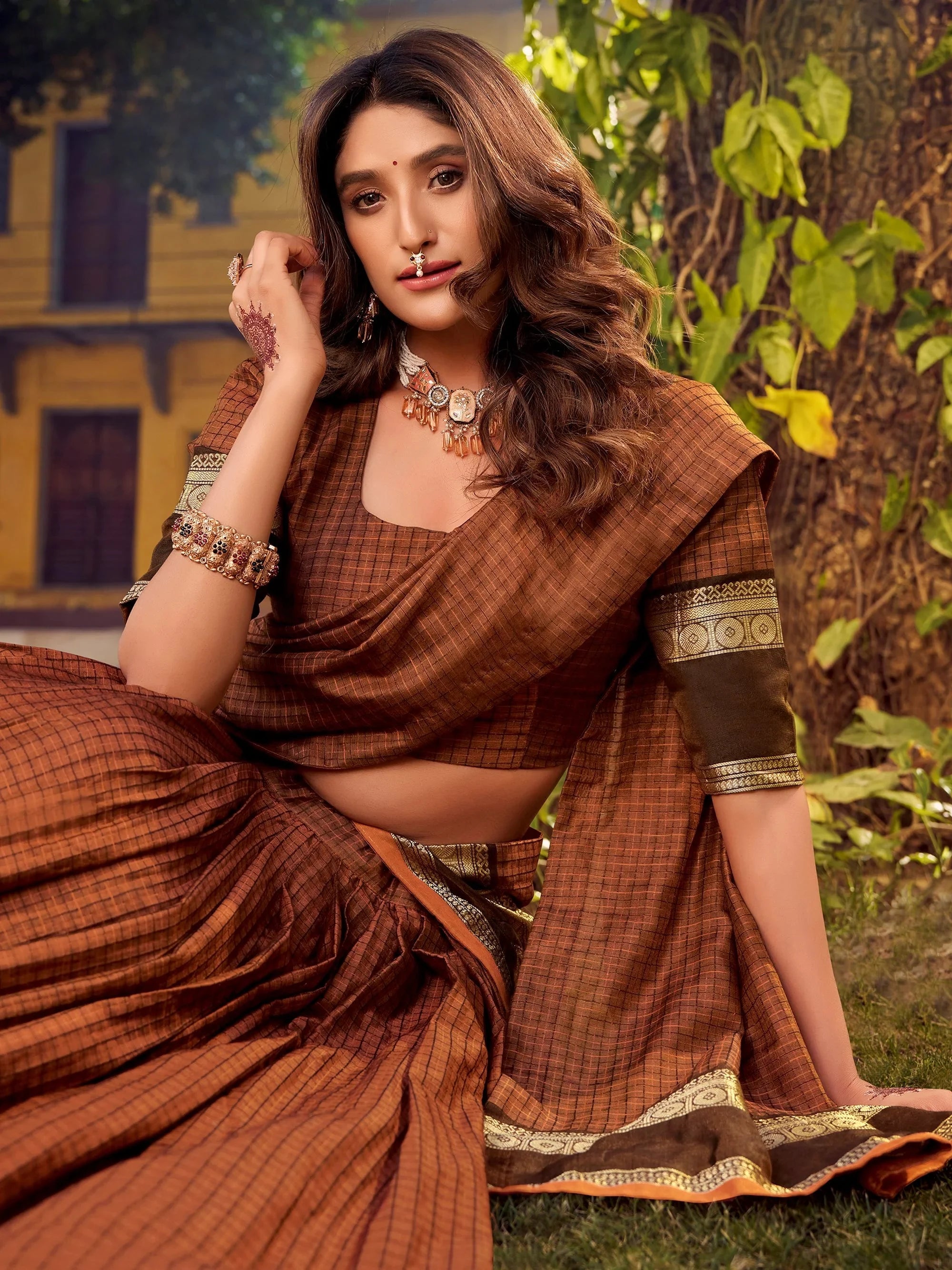 Brown Cotton Zari Weaving Festive Wear Lehenga Choli for Women
