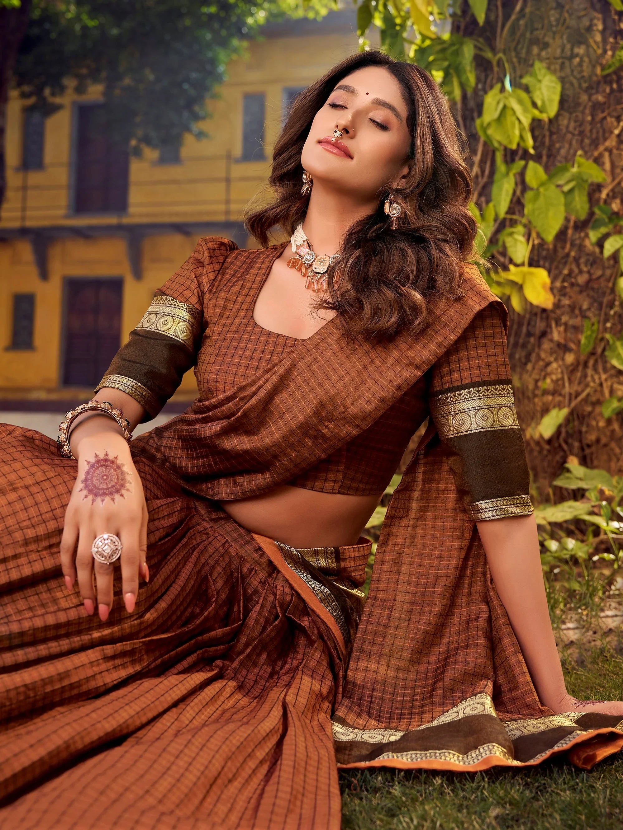 Brown Cotton Zari Weaving Festive Wear Lehenga Choli for Women