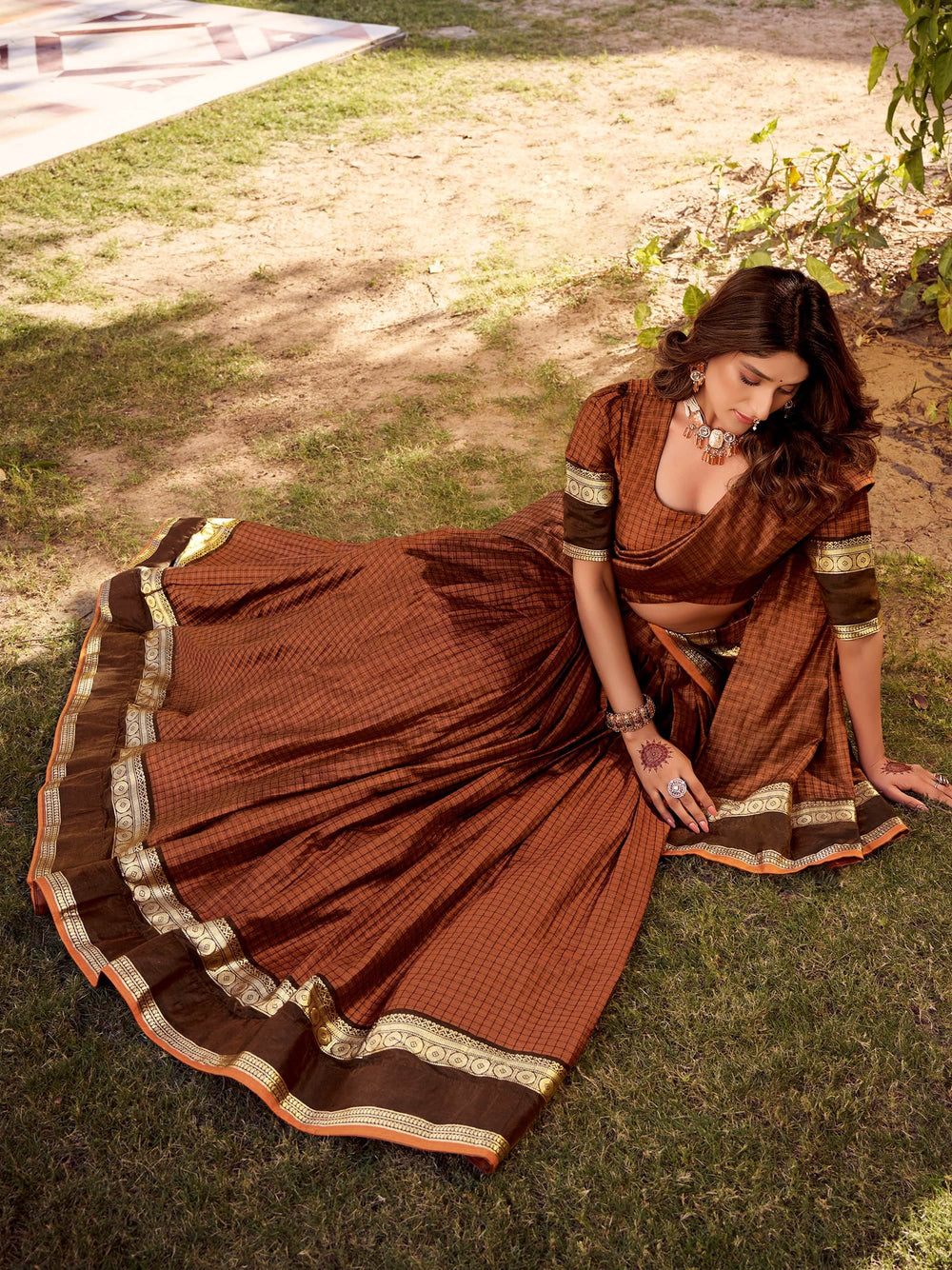 Brown Cotton Zari Weaving Festive Wear Lehenga Choli for Women