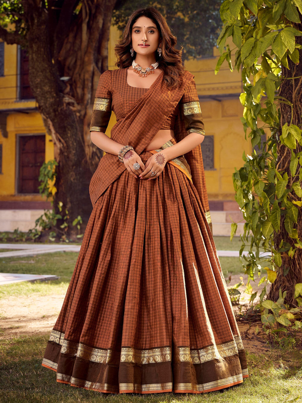 Brown Cotton Zari Weaving Festive Wear Lehenga Choli for Women