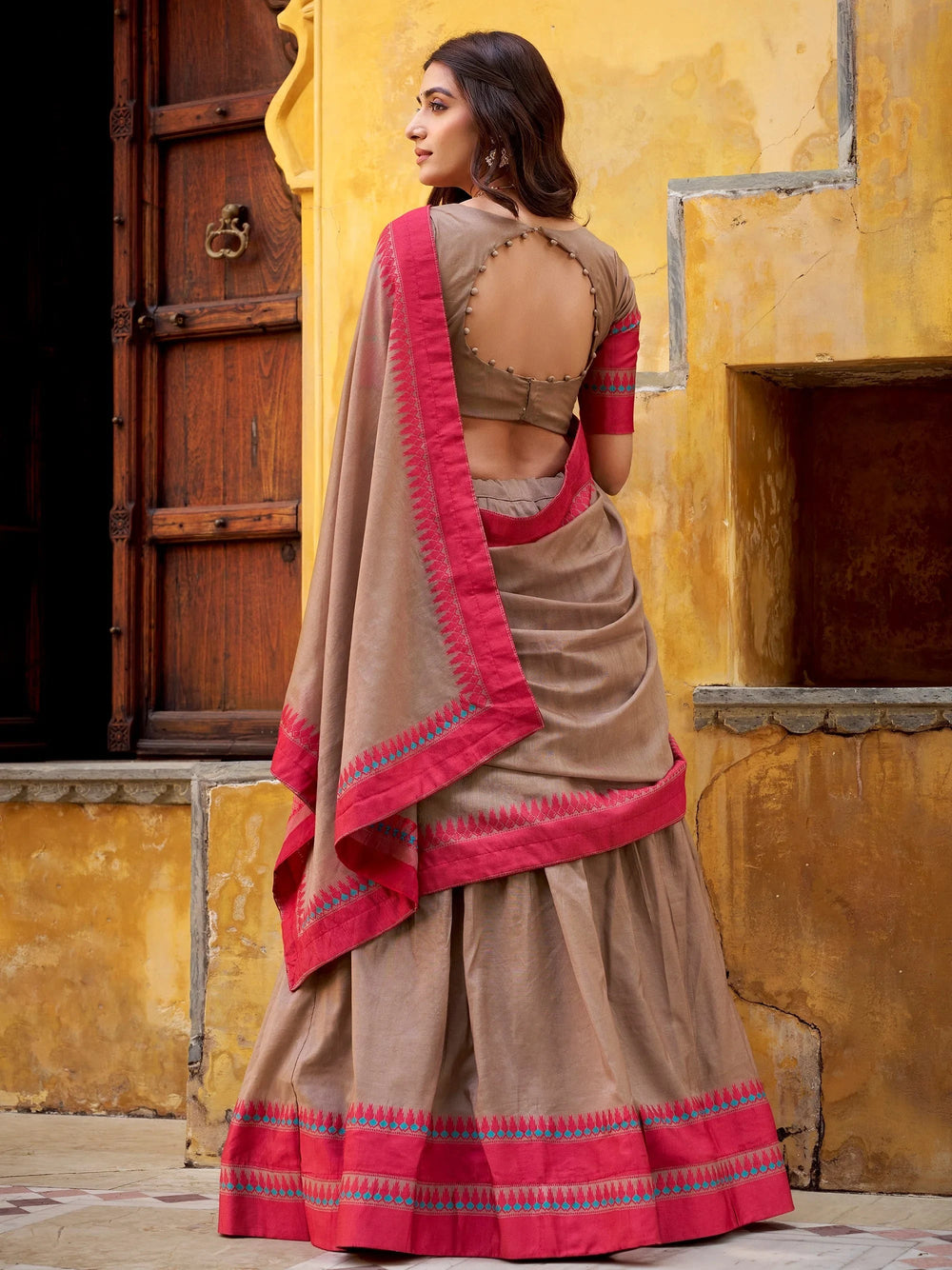 Beige Silk Weaving Border Wedding Half Saree Lehenga
