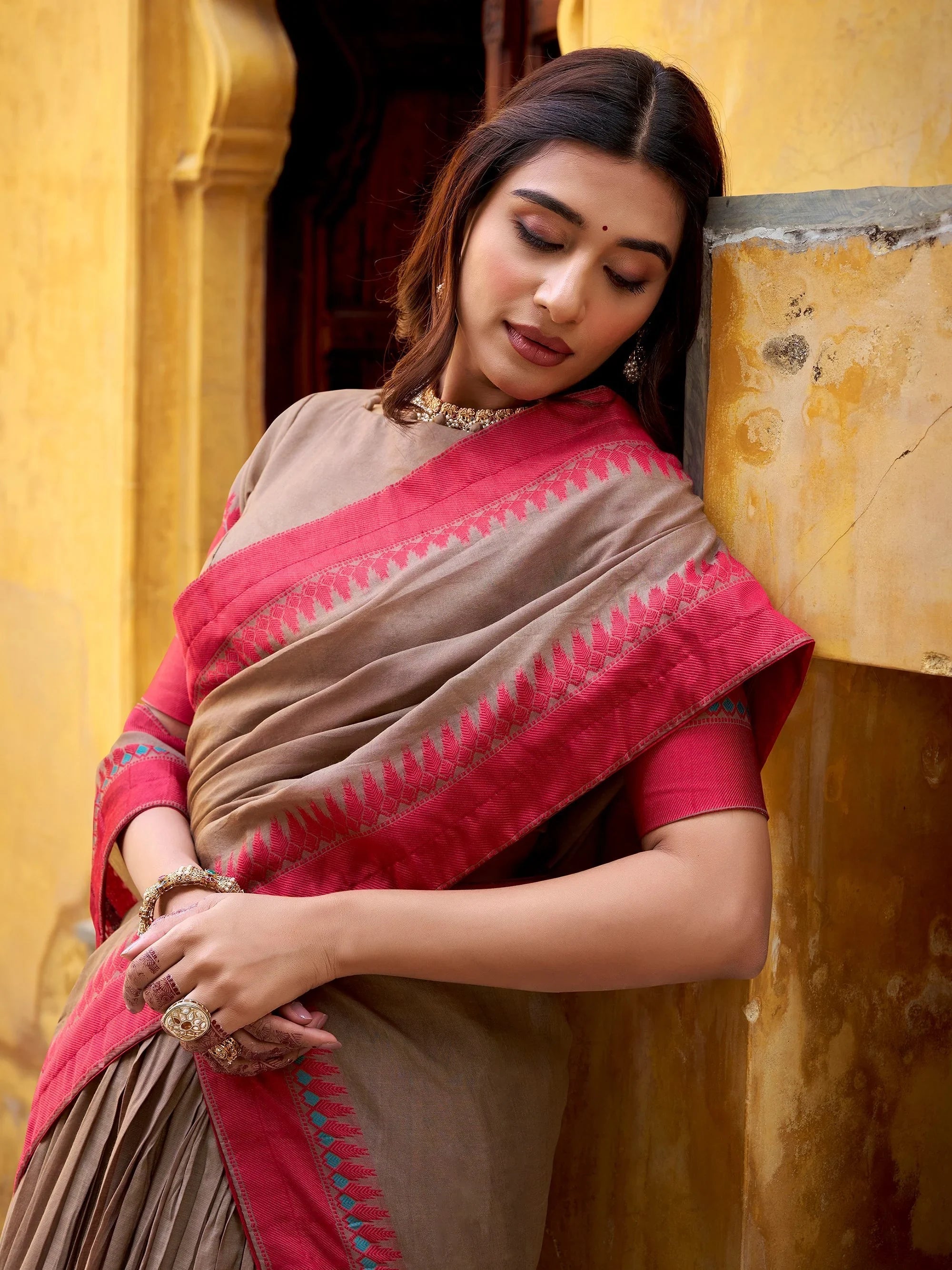 Beige Silk Weaving Border Wedding Half Saree Lehenga
