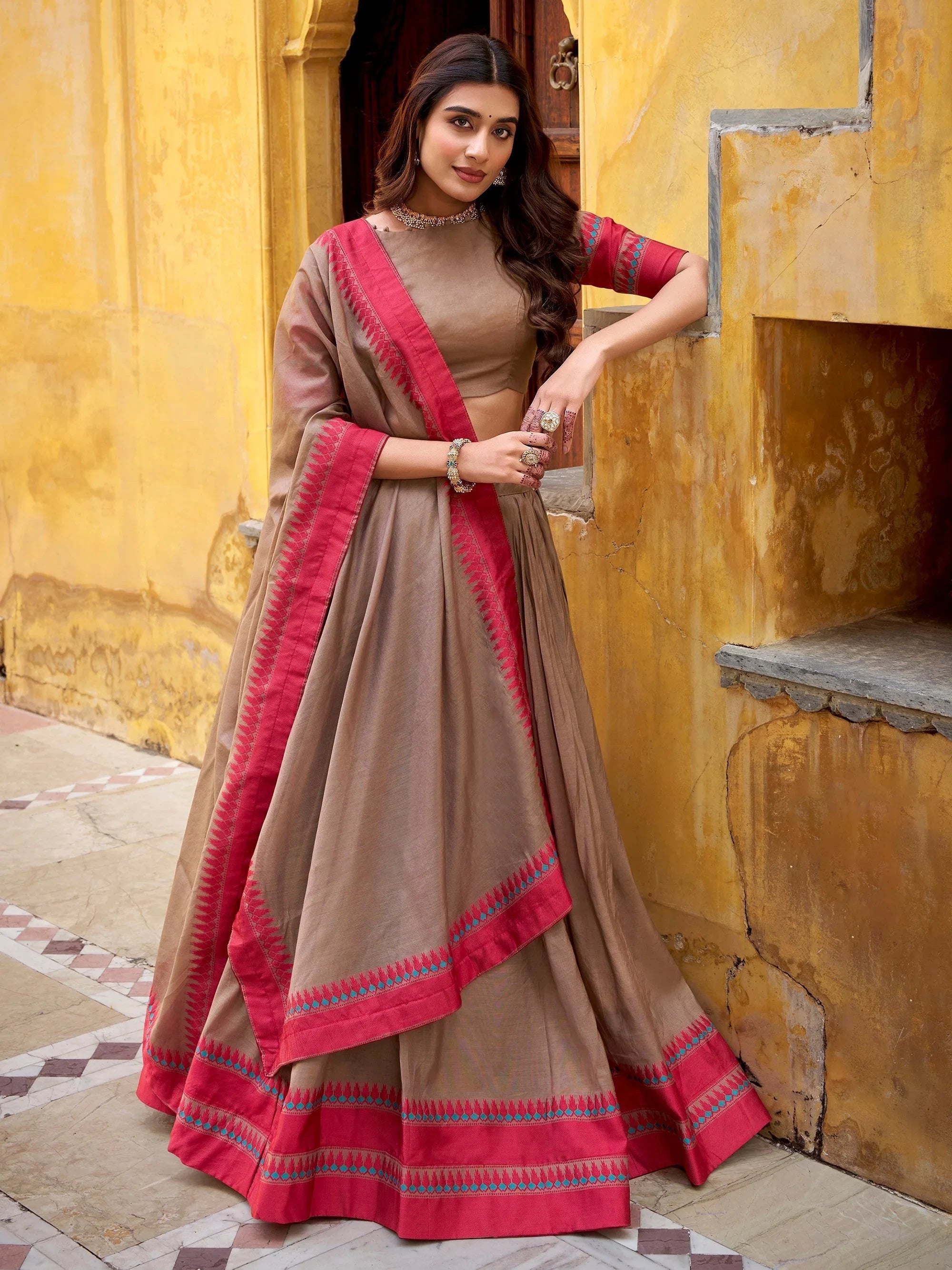 Beige Silk Weaving Border Wedding Half Saree Lehenga